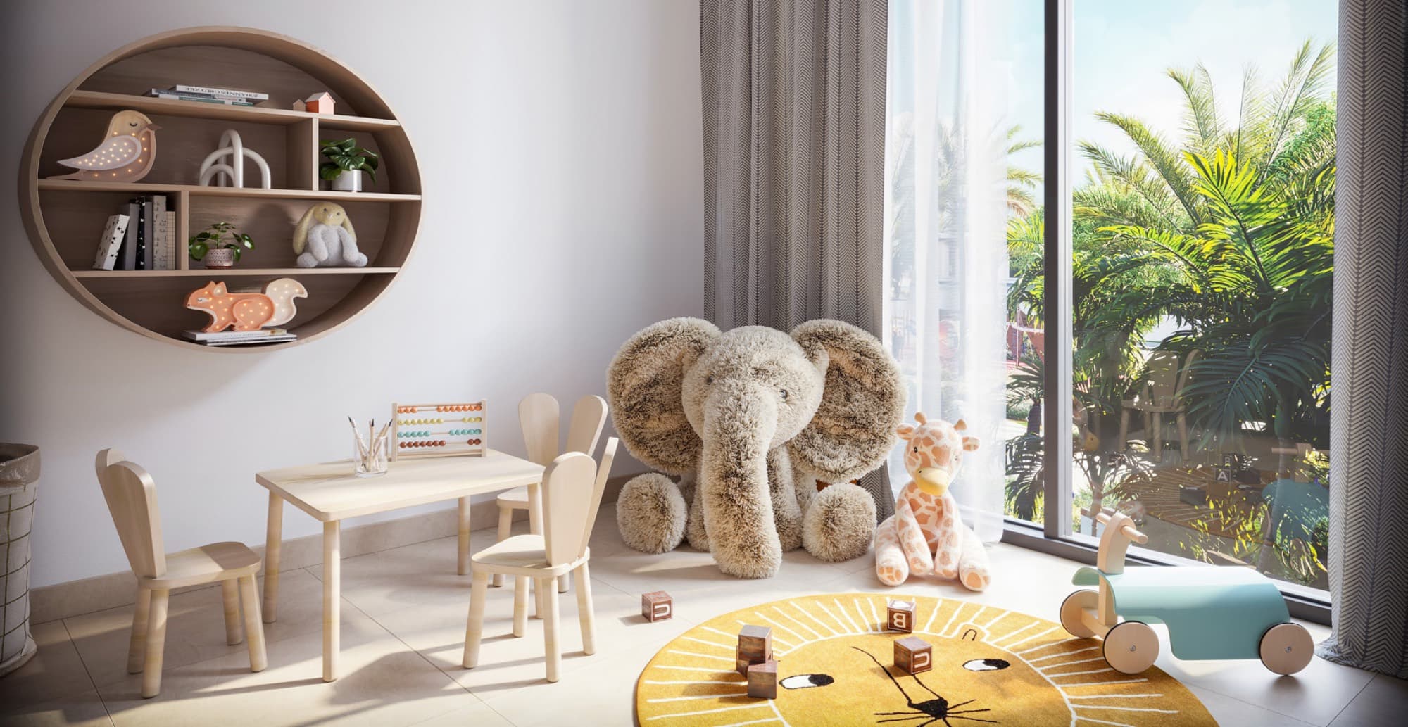 Children’s bedroom in an Anya townhouse, Arabian Ranches 3, with a wall shelf, soft toys and a balcony overlooking greenery.