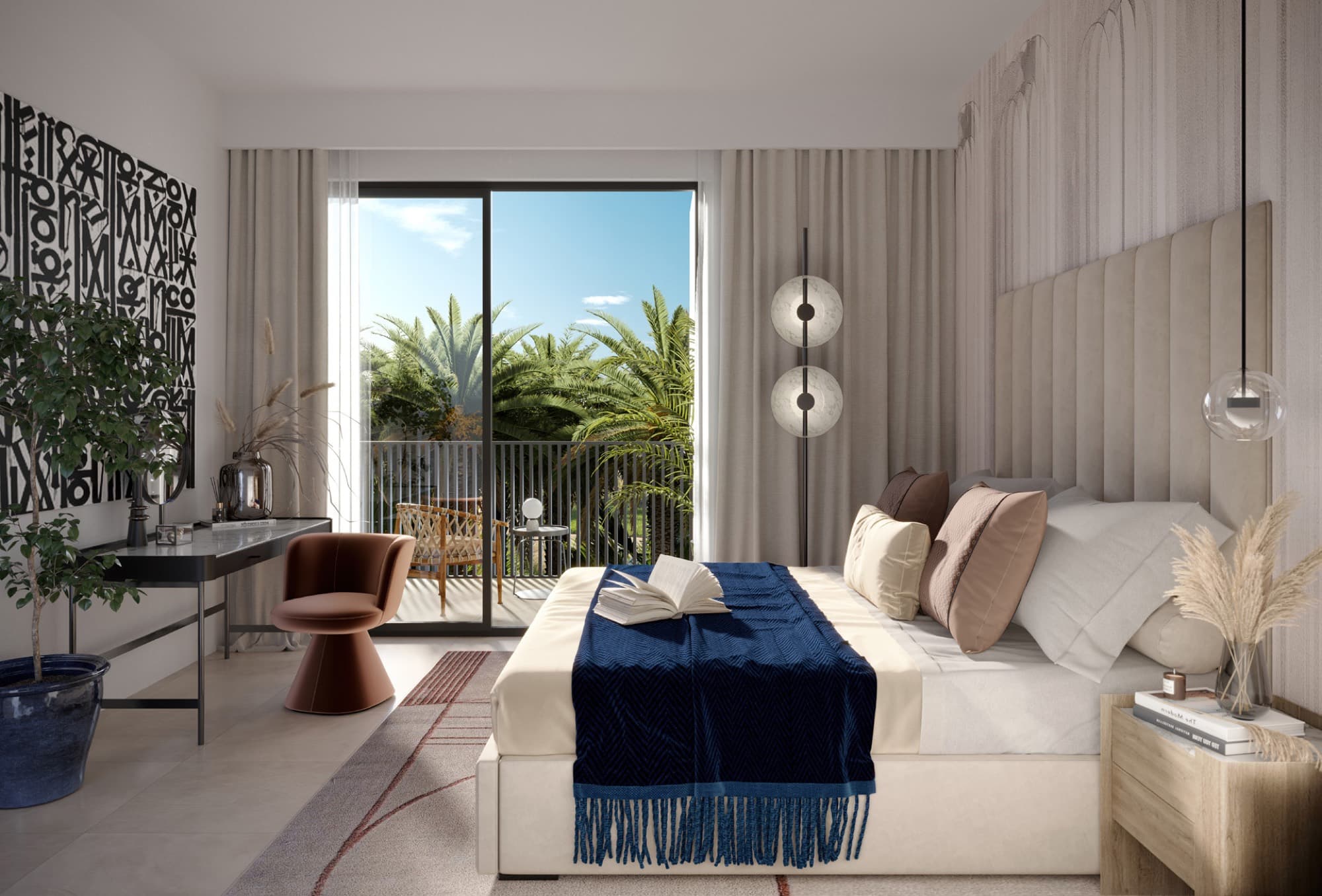 Bedroom in an Anya townhouse, Arabian Ranches 3, in cream and navy tones with a balcony framed by palm trees.
