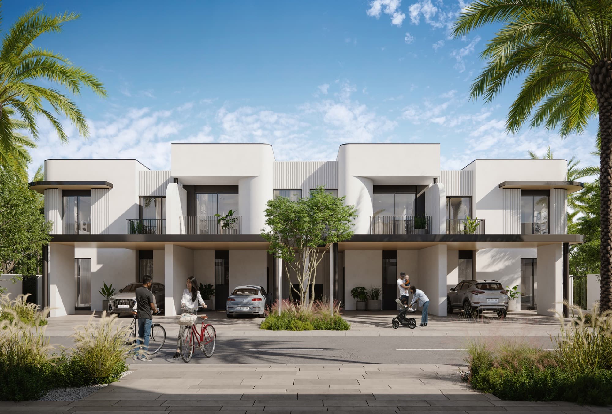 Daytime exterior of Anya townhouses in Arabian Ranches 3, residents with bicycles beside the white and timber façade.