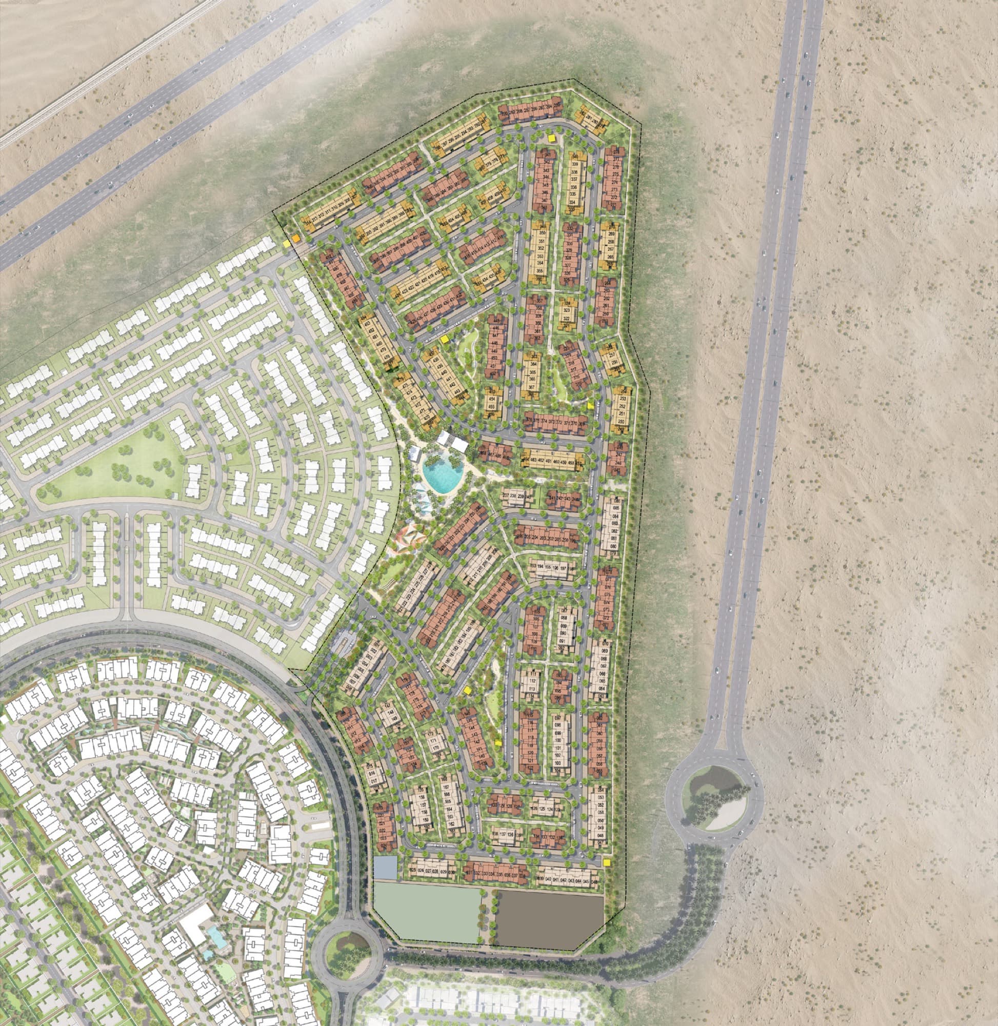 Aerial masterplan of the Anya cluster layout within Arabian Ranches 3, showing townhouse rows, pool and central park.