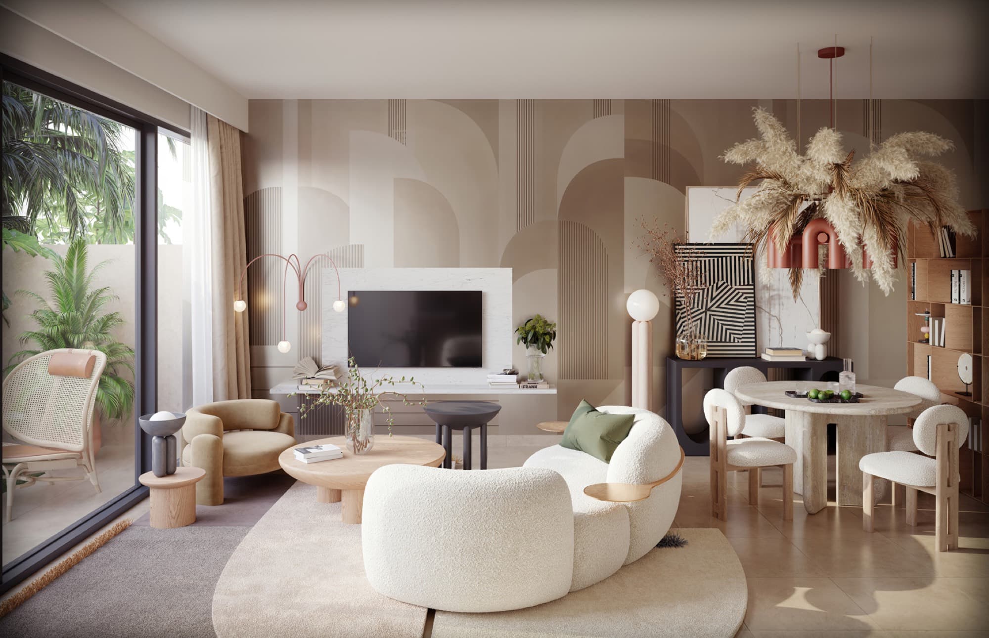 Bedroom in an Anya 2 townhouse, Arabian Ranches 3, in bronze and beige tones with a brass arc floor lamp and geometric art.
