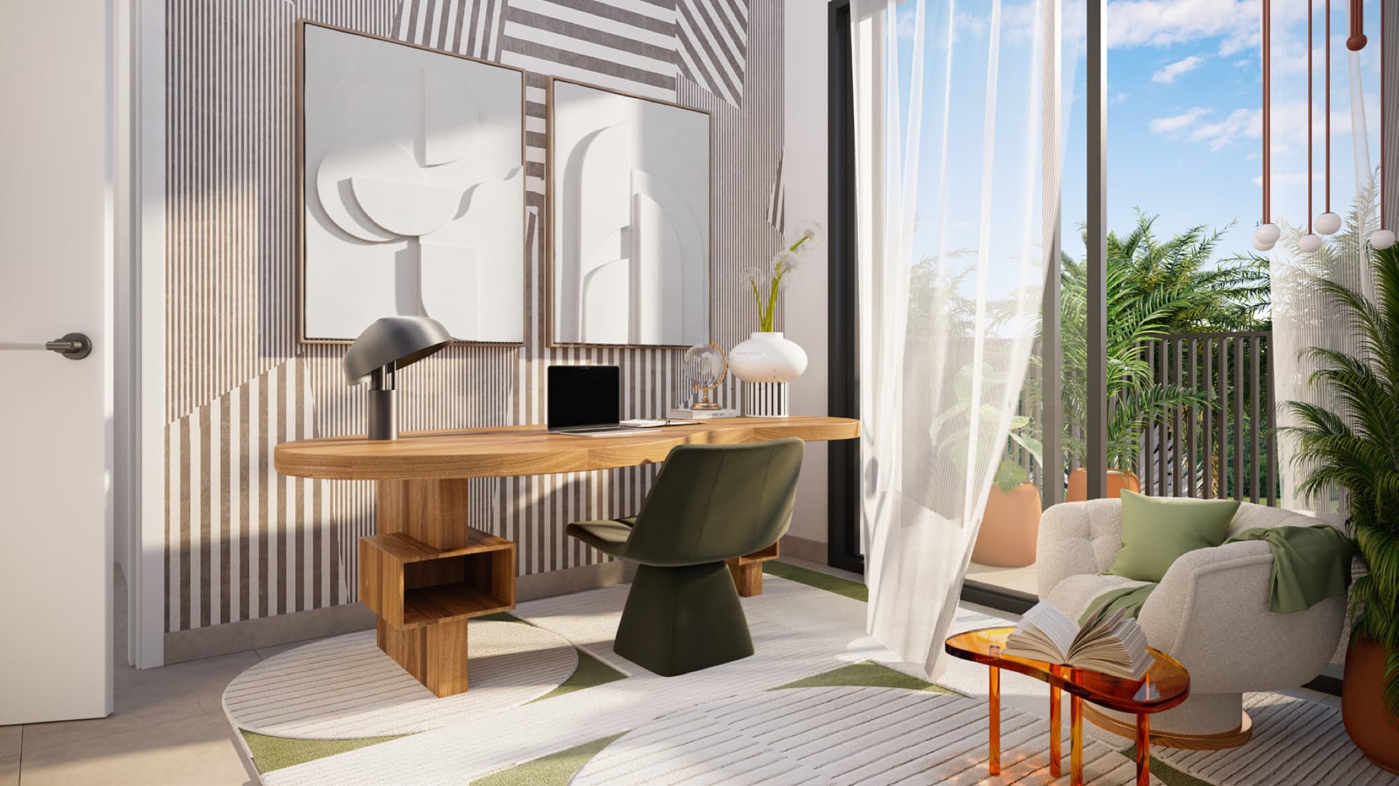 Home office nook in an Anya 2 townhouse, Arabian Ranches 3, with a wooden desk, green chair and balcony doors.