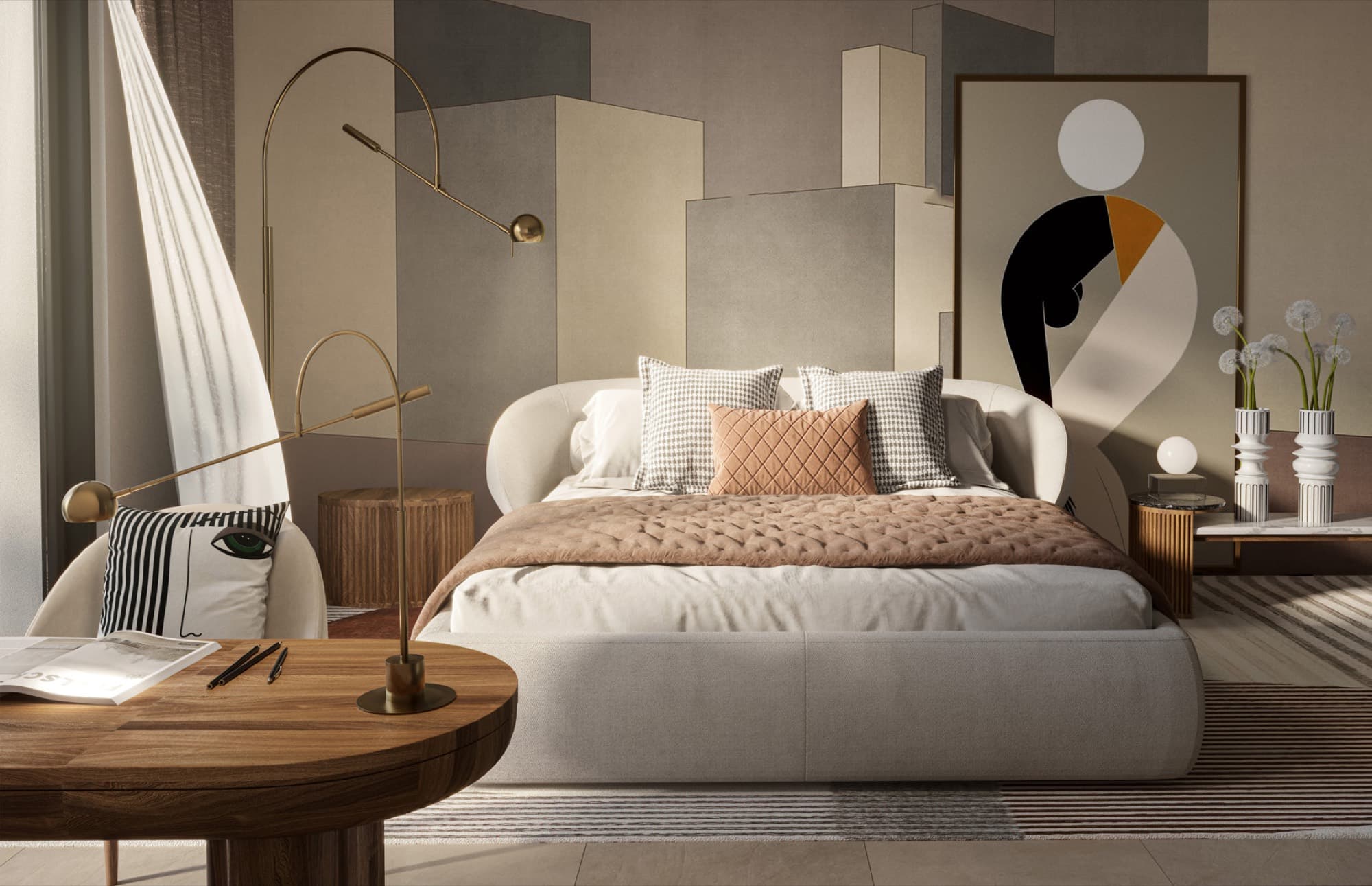 Bedroom in an Anya 2 townhouse, Arabian Ranches 3, dressed in beige and dusty pink with geometric wall art.