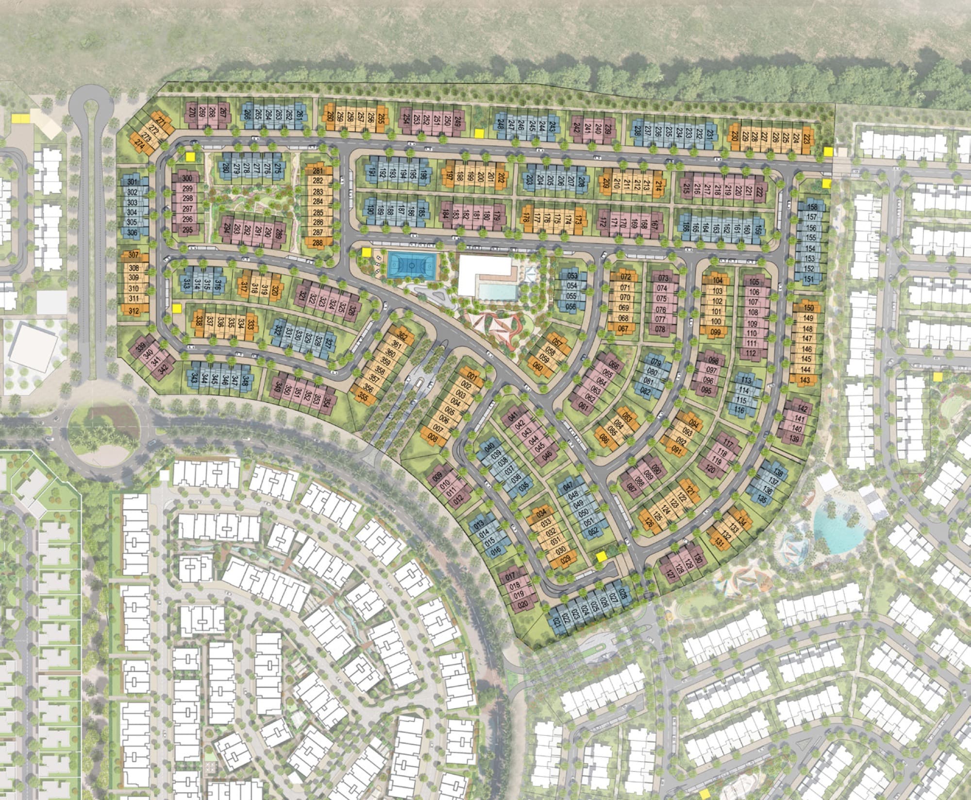 Aerial masterplan of the Anya 2 cluster in Arabian Ranches 3, showing townhouse plots, pool and central amenity area.