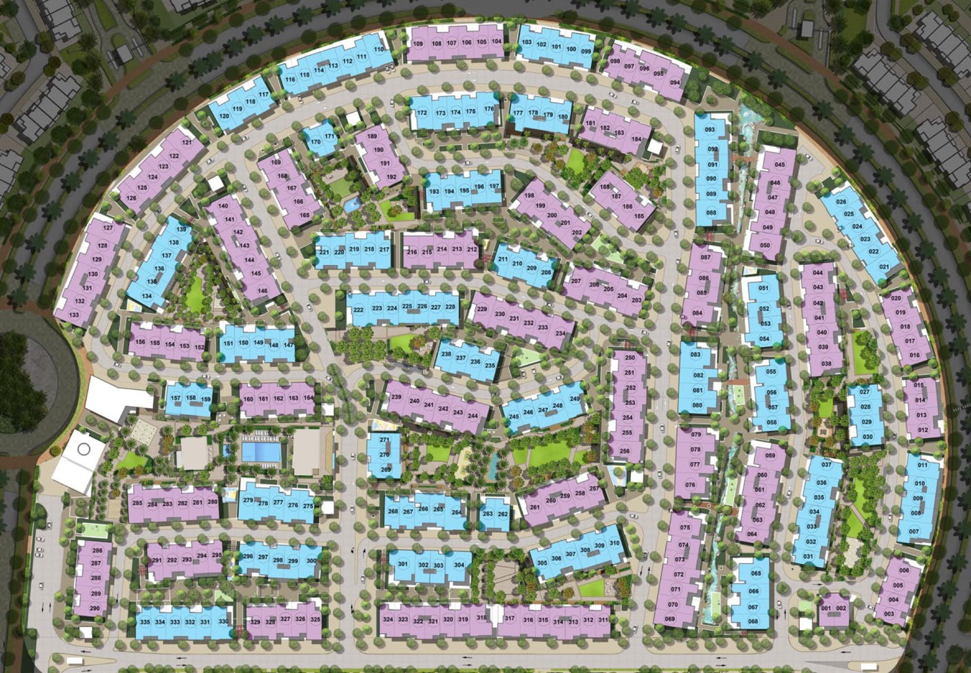 Site plan of the Bliss cluster in Arabian Ranches 3, Dubai, showing individual townhouse plots grouped around internal streets.