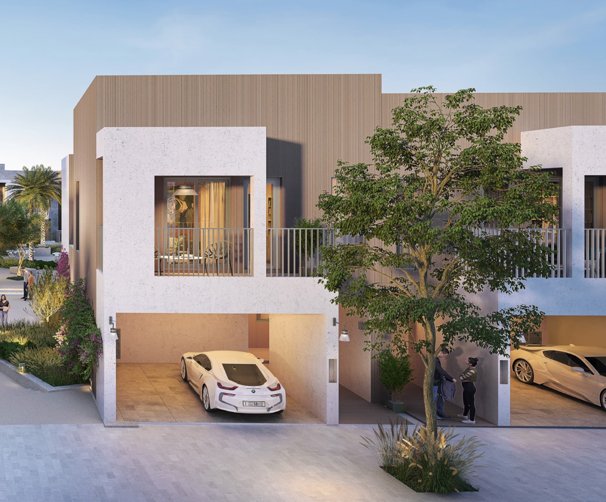 Bliss 2 townhouse in Arabian Ranches 3, Dubai, showing the covered ground-floor garage and timber-clad upper balcony.
