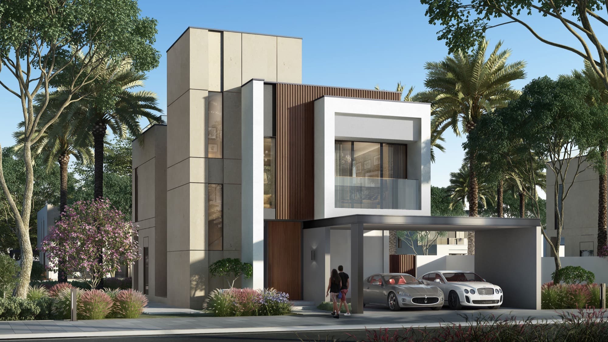 Contemporary standalone villa in Caya, Arabian Ranches 3, Dubai, with timber detailing and a shaded carport.