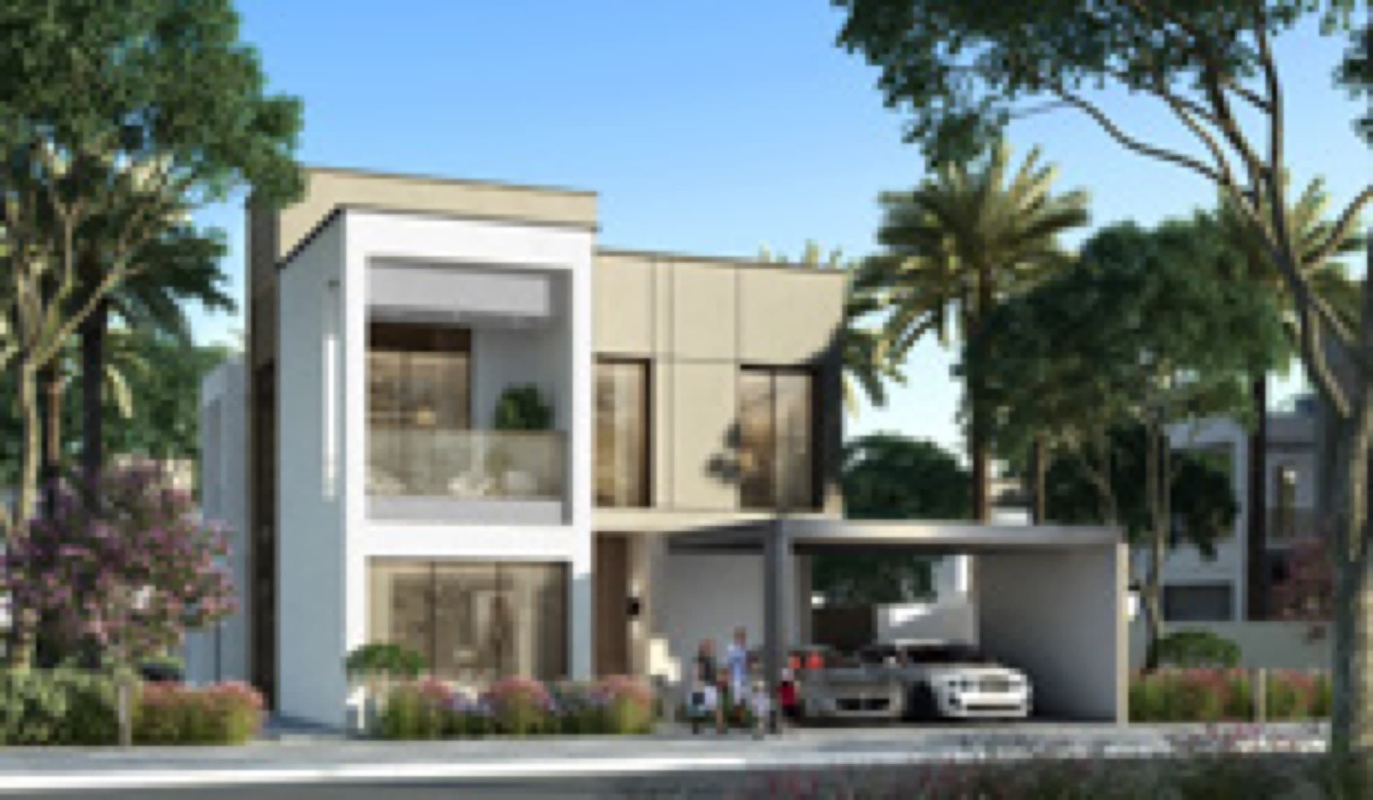 Detached Caya 2 villa in Arabian Ranches 3, Dubai, with a two-car driveway shaded by mature palm trees.