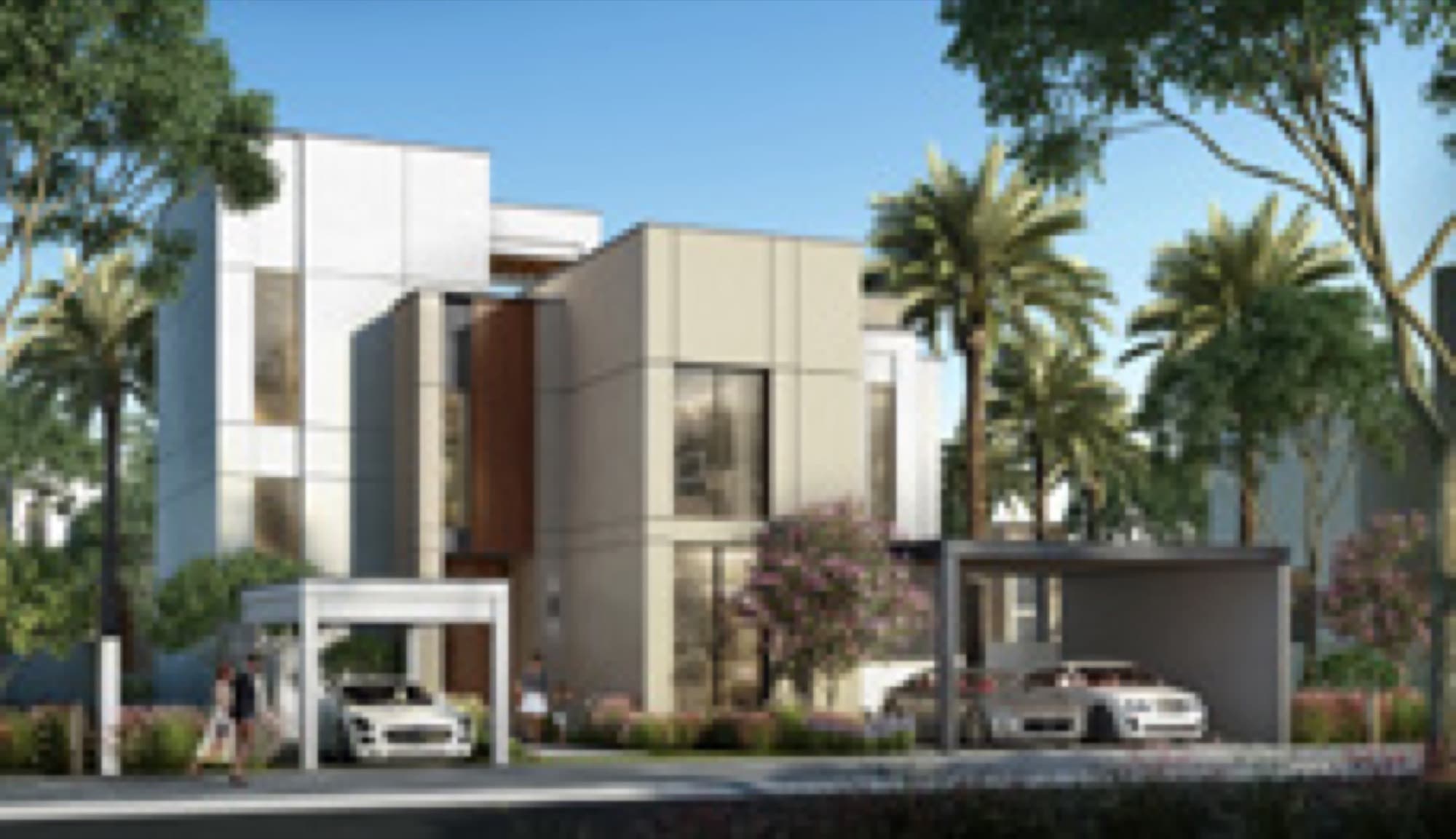 Contemporary Caya 2 villa in Arabian Ranches 3, Dubai, with timber door detailing and a glazed first-floor balcony.