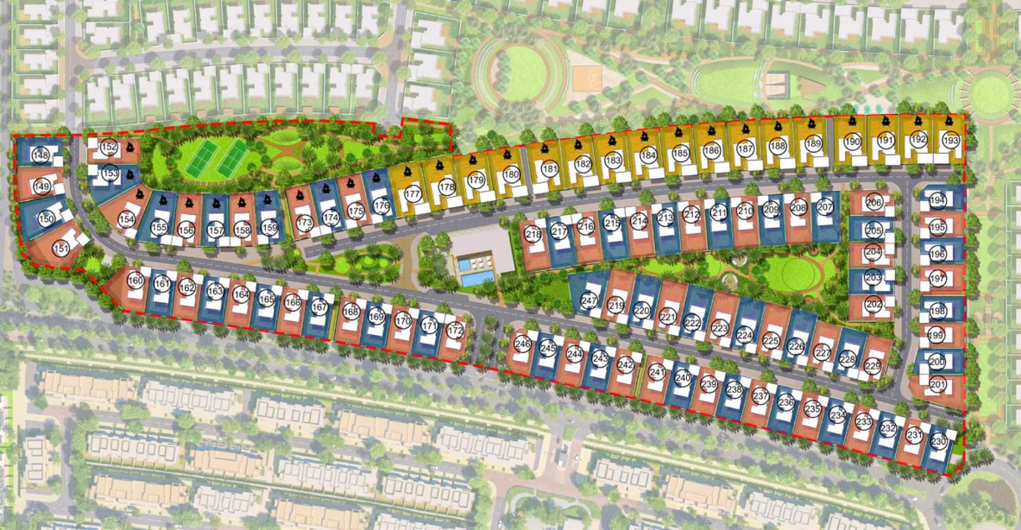 Site plan of the Caya 2 villa cluster in Arabian Ranches 3, Dubai, showing detached plots, a pool and tennis courts.