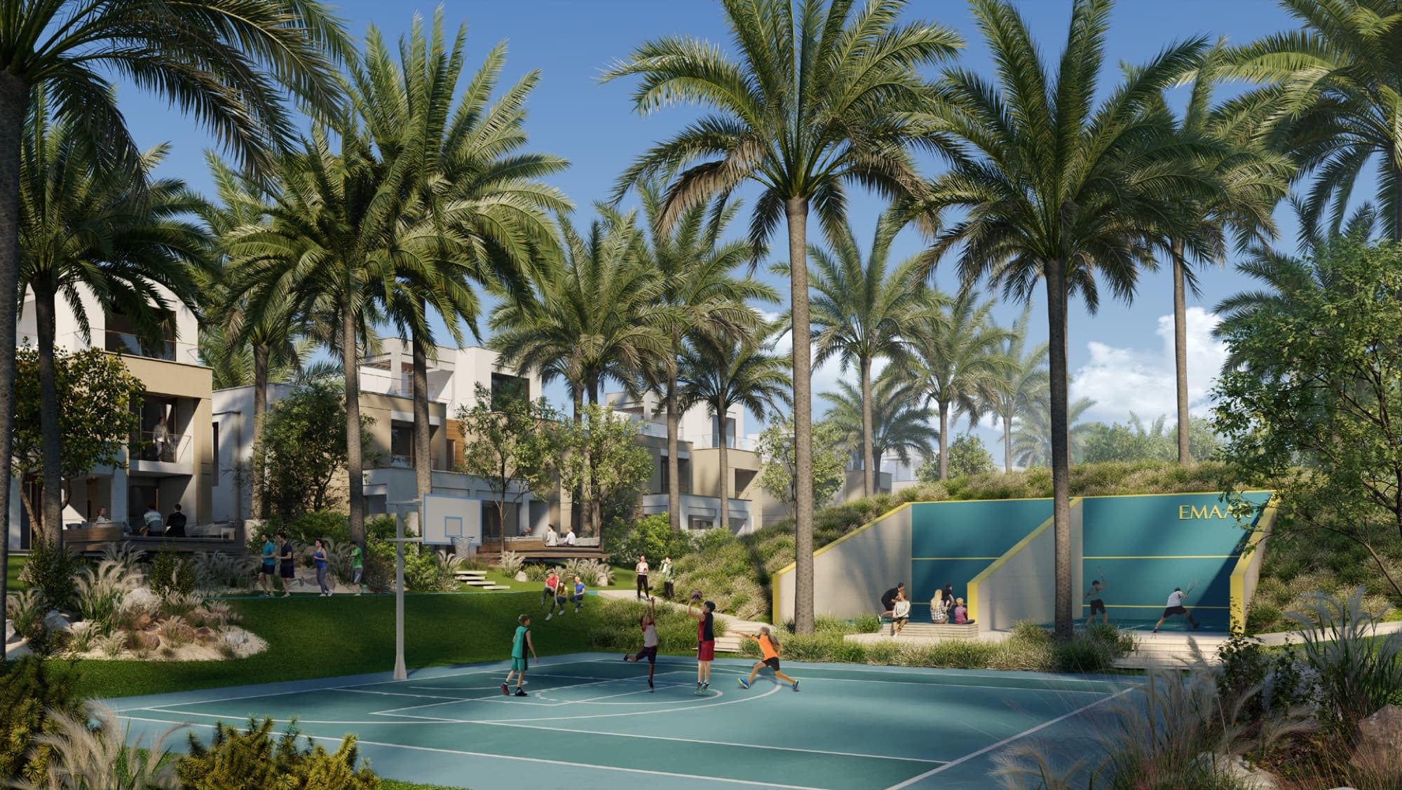 Children playing basketball beside squash courts within the Caya 2 sports facilities, Arabian Ranches 3, Dubai.