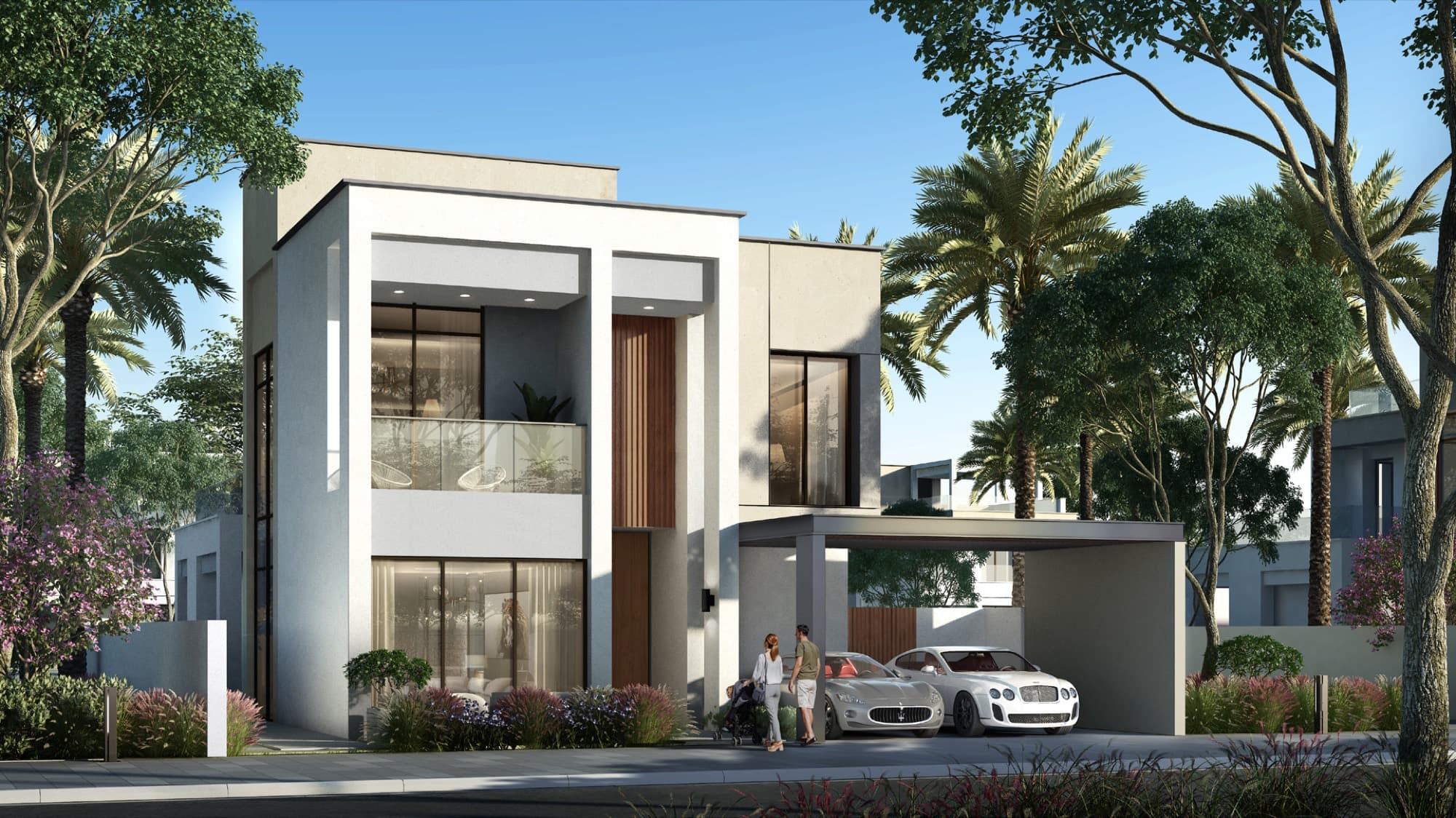 Standalone Caya 2 villa in Arabian Ranches 3, Dubai, with a pale stone façade and covered carport for two cars.