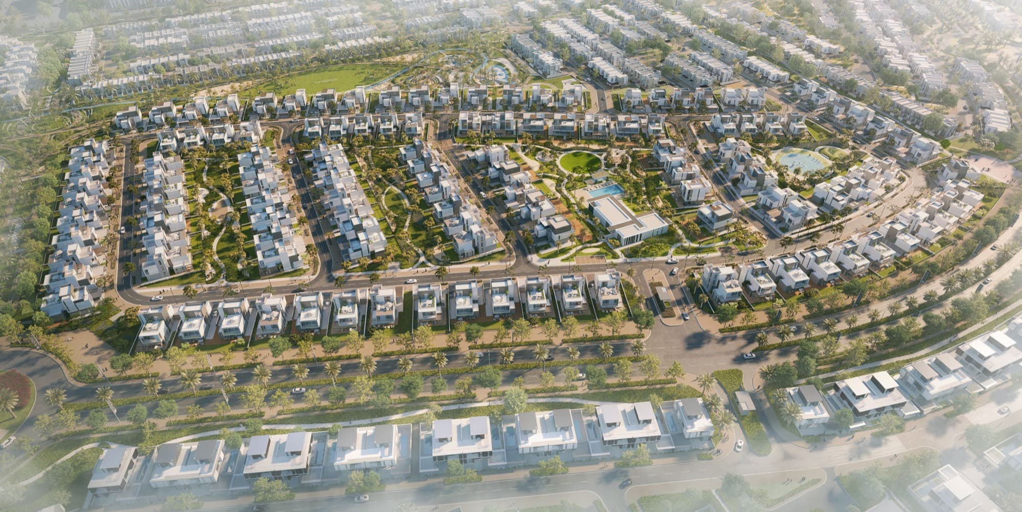Aerial masterplan of the Elie Saab Villas community in Arabian Ranches 3, showing villa plots, pools and central park.