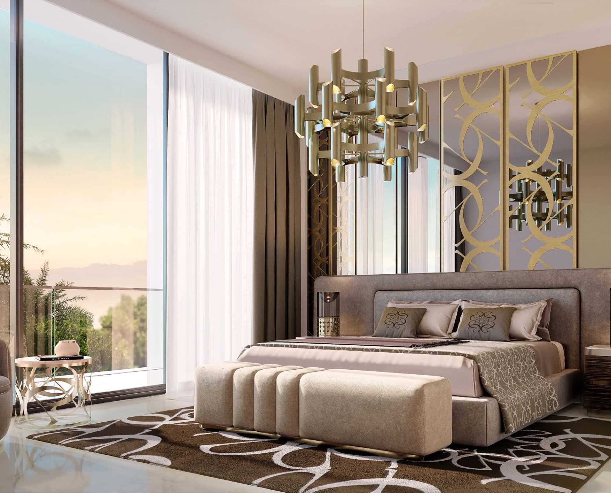Bedroom in an Elie Saab villa, Arabian Ranches 3, with a gold sculptural chandelier and mirrored gold-patterned headboard wall.