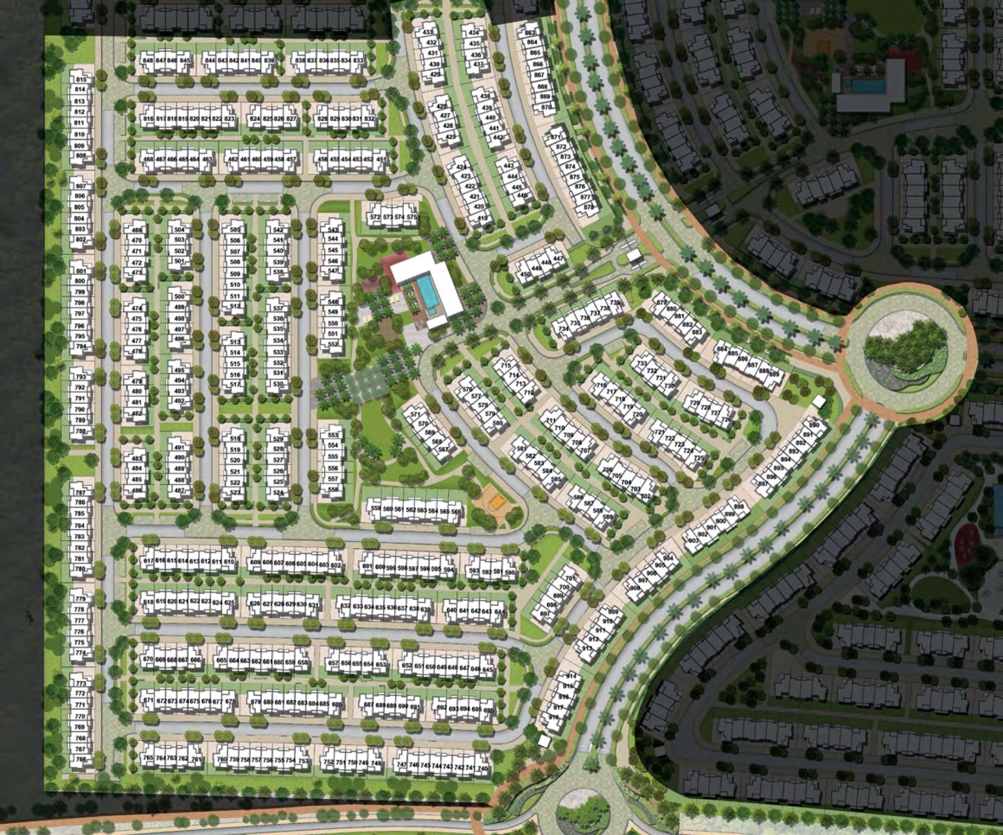 Aerial view over Joy's townhouse rows, community park, cricket pitch and sports court, Arabian Ranches 3, Dubai.