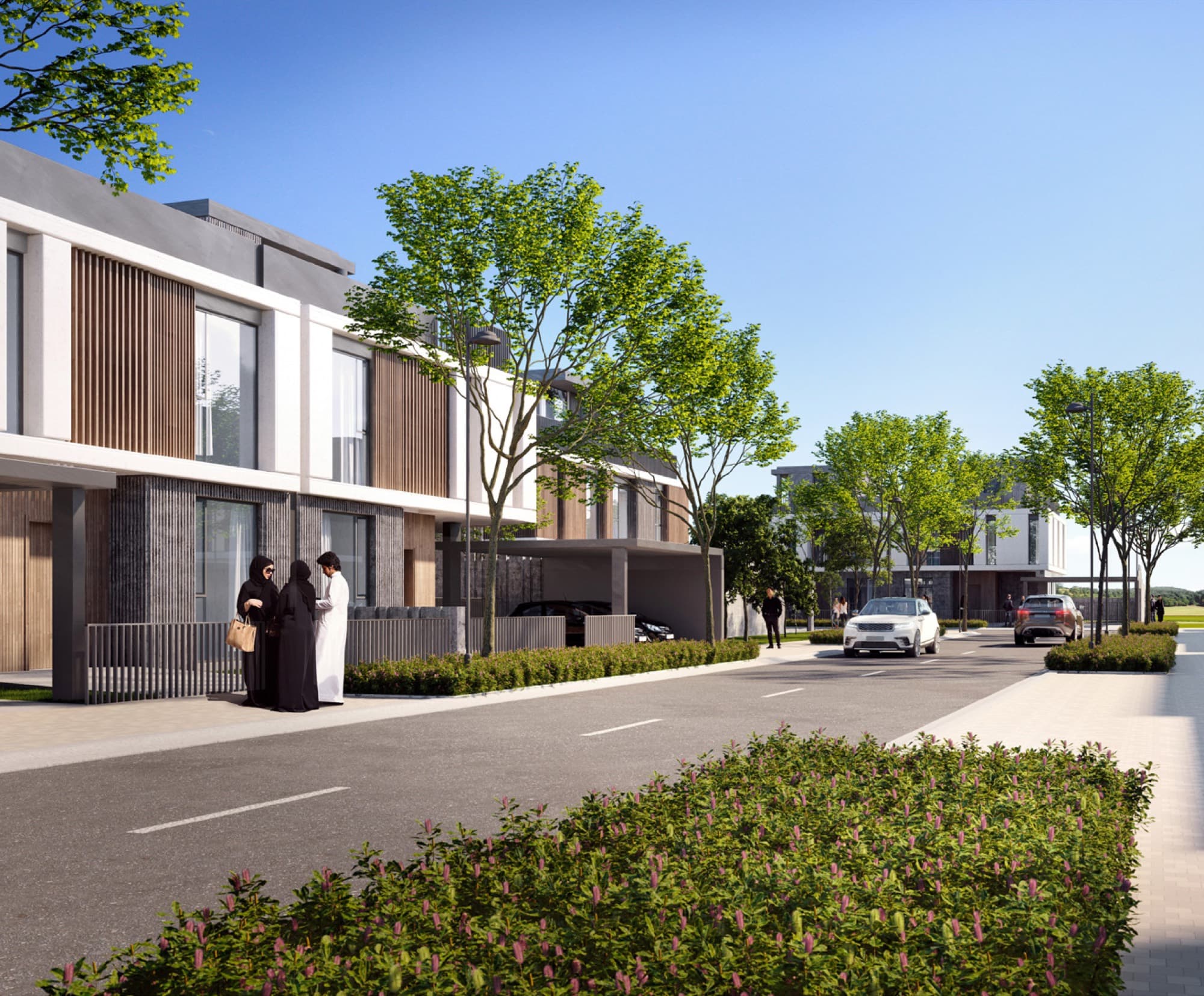 Street view of contemporary standalone villas in June, Arabian Ranches 3, Dubai, with timber-slat detailing and shared carports.