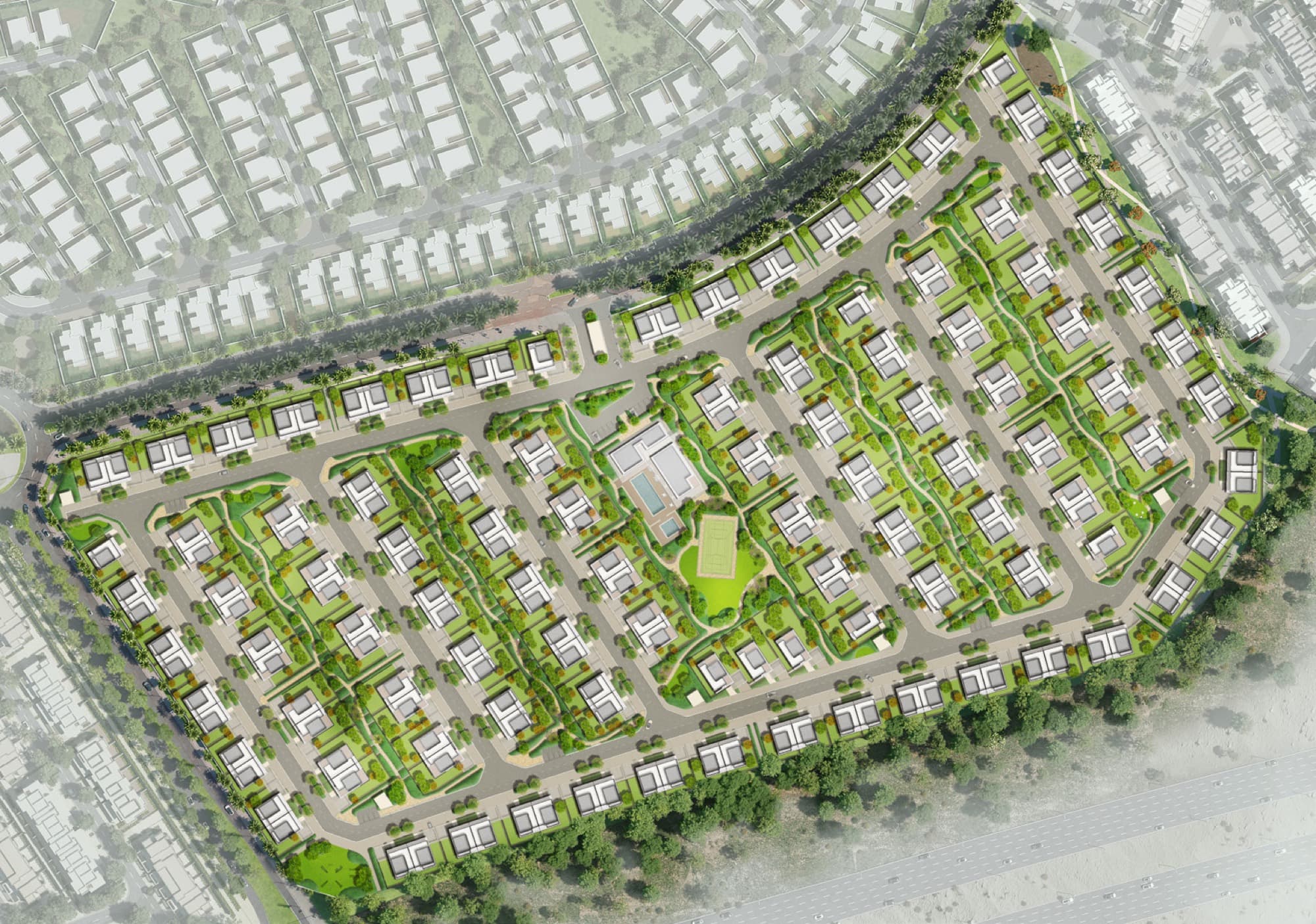 Aerial masterplan of the June villa cluster in Arabian Ranches 3, Dubai, showing the gated street layout and central community pool.