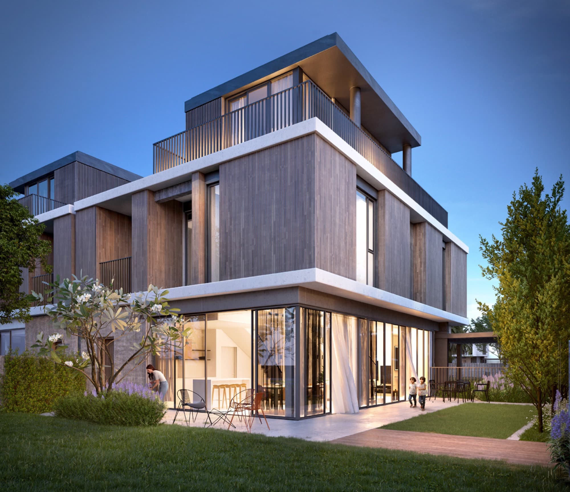 Front elevation of a June standalone villa in Arabian Ranches 3, Dubai, with a family and cars parked in the driveway.