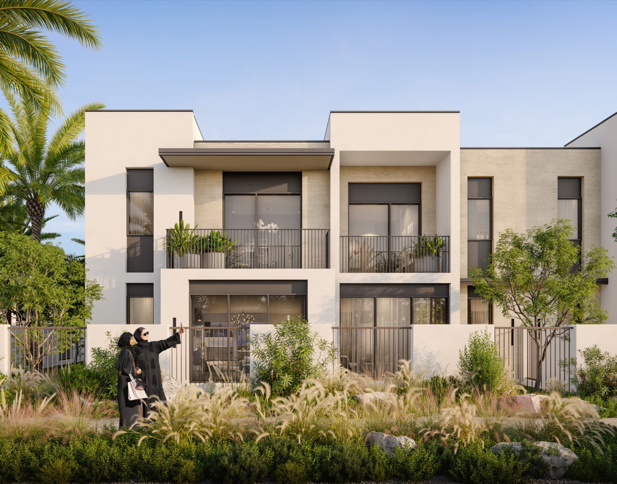 Contemporary townhouse façade in May, Arabian Ranches 3, Dubai, with white render, balconies and residents viewing the property.