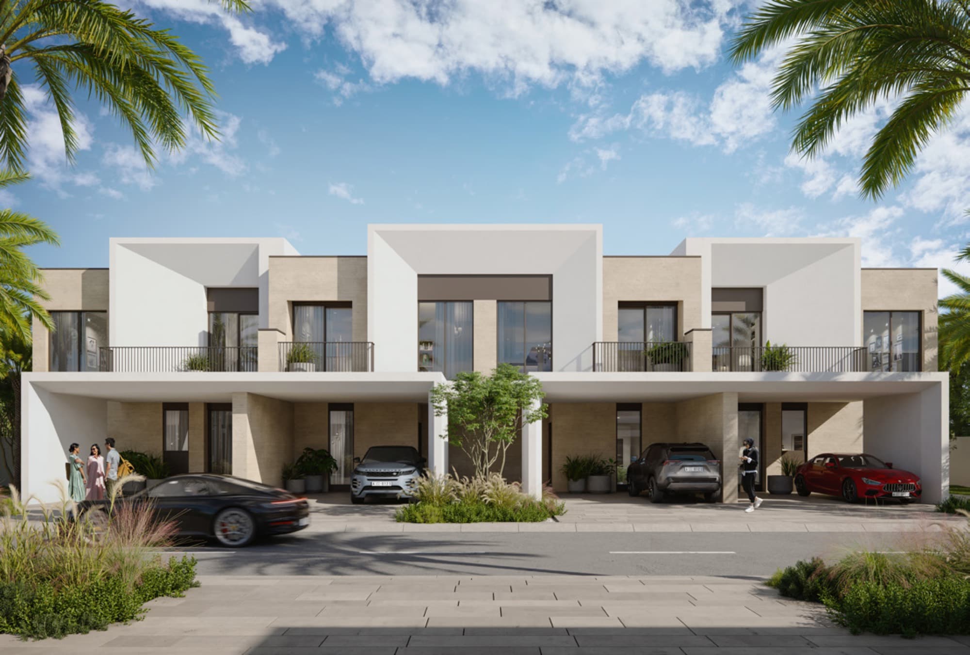 Townhouse row in May, Arabian Ranches 3, Dubai, with covered parking bays and cars in front of each home.
