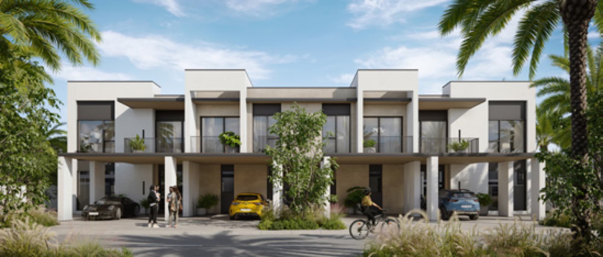 Twin townhouse façade in May, Arabian Ranches 3, Dubai, with covered carports and cars parked outside.