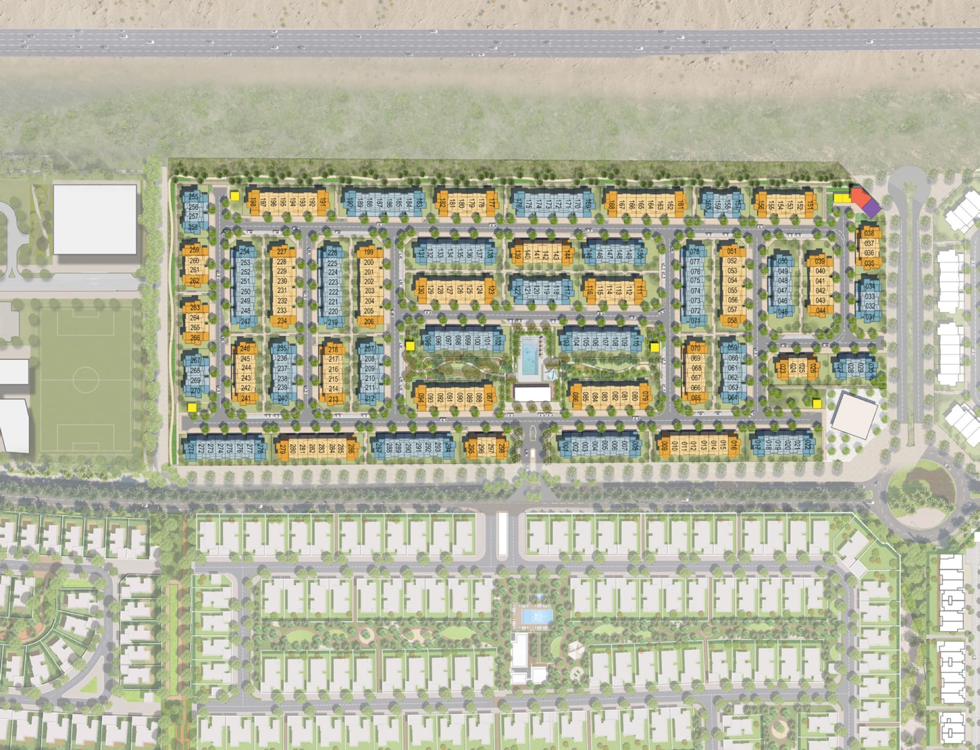 Aerial masterplan of the May townhouse cluster in Arabian Ranches 3, Dubai, showing the gated street grid and plot layout.