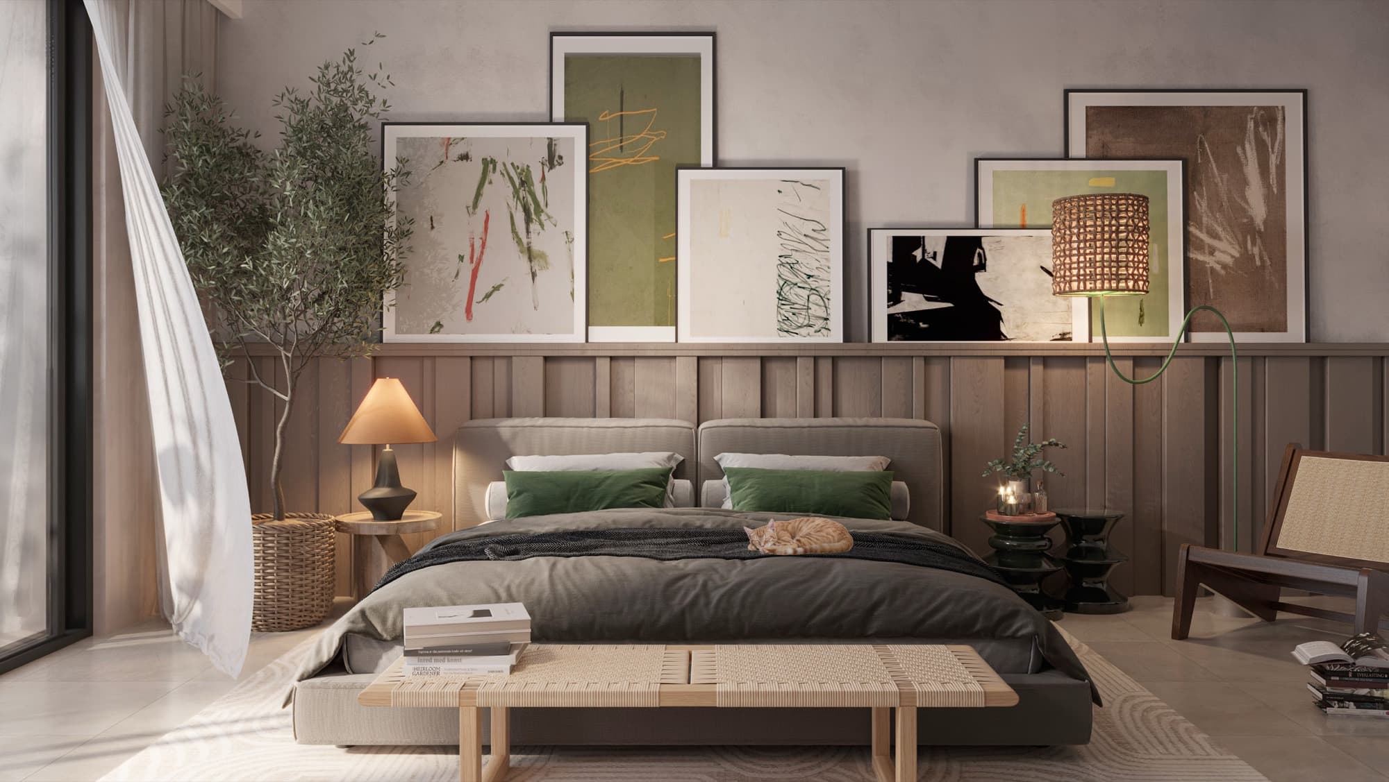 Bedroom in a May townhouse, Arabian Ranches 3, Dubai, styled with a gallery wall of framed art above the bed.