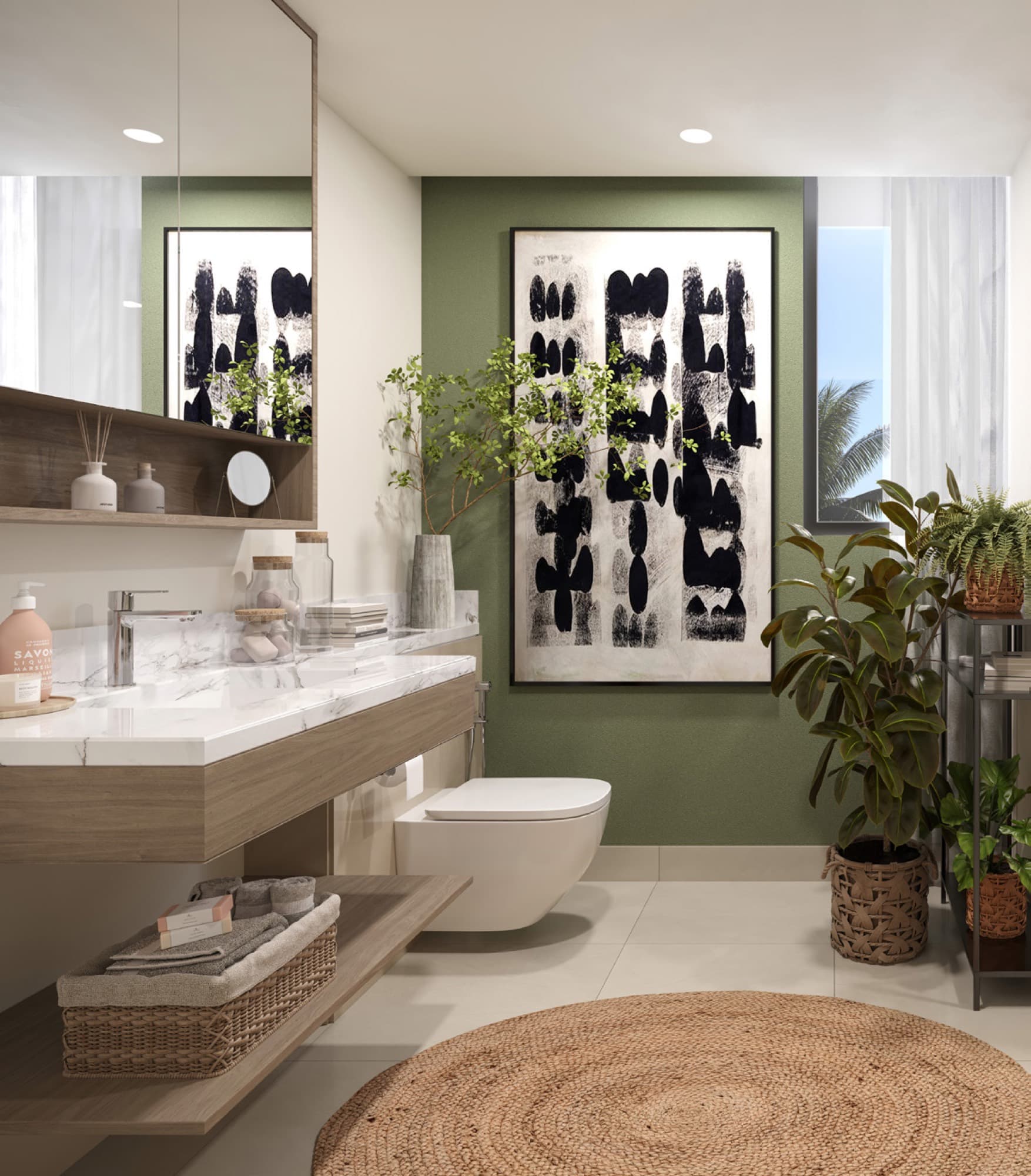 Family bathroom in a May townhouse, Arabian Ranches 3, Dubai, with a wall-hung toilet, marble vanity and green feature wall.
