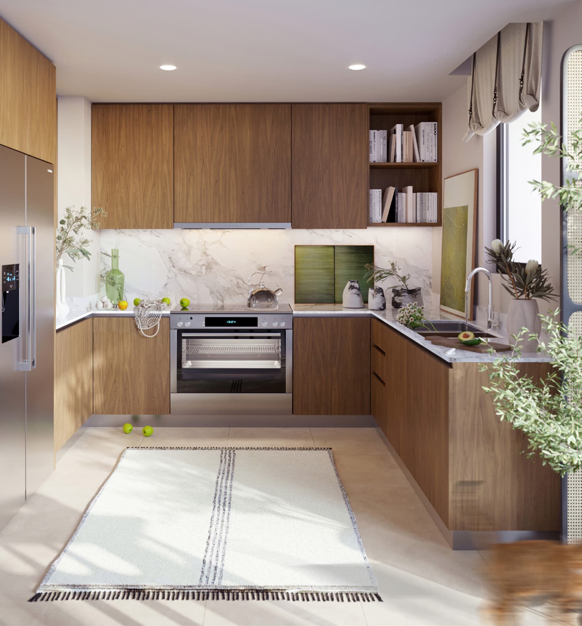 Fitted kitchen in a May townhouse, Arabian Ranches 3, Dubai, with wood cabinetry, marble splashback and open shelving.