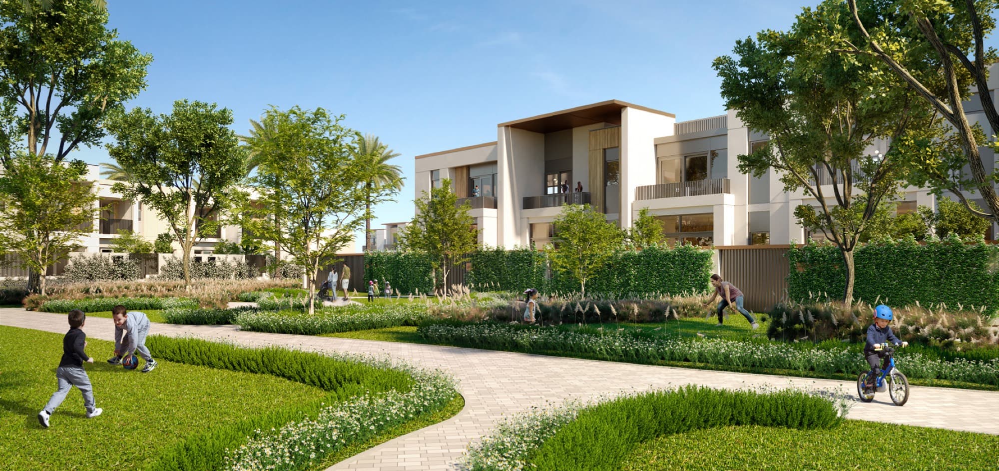 Contemporary townhouse elevation in Raya, Arabian Ranches 3, Dubai, set among landscaped gardens with children playing.