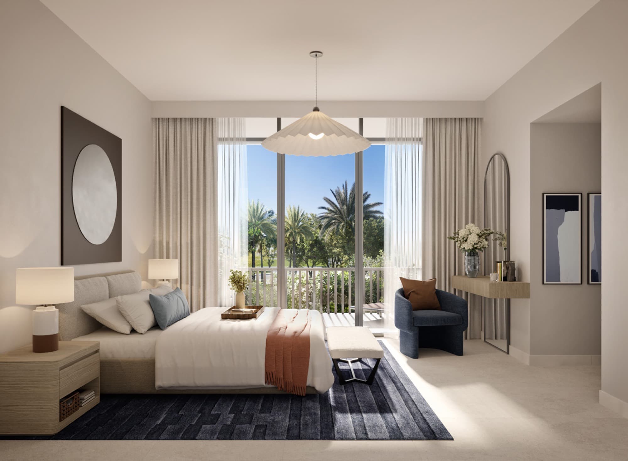 Primary bedroom in a Raya townhouse, Arabian Ranches 3, Dubai, with a balcony overlooking landscaped palm trees.
