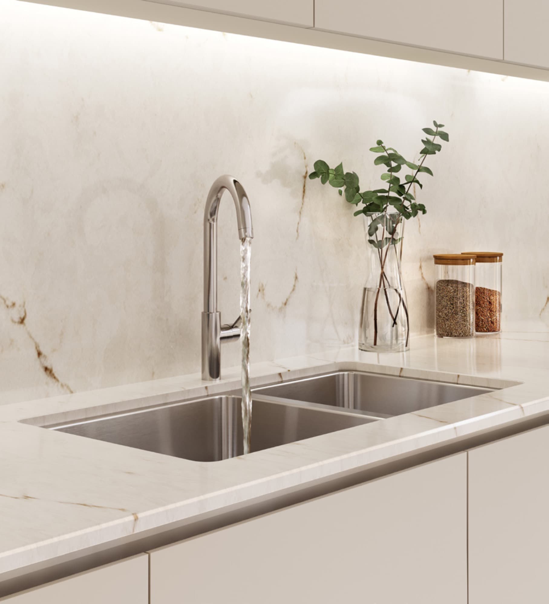 Kitchen sink and marble splashback in a Raya townhouse, Arabian Ranches 3, Dubai.