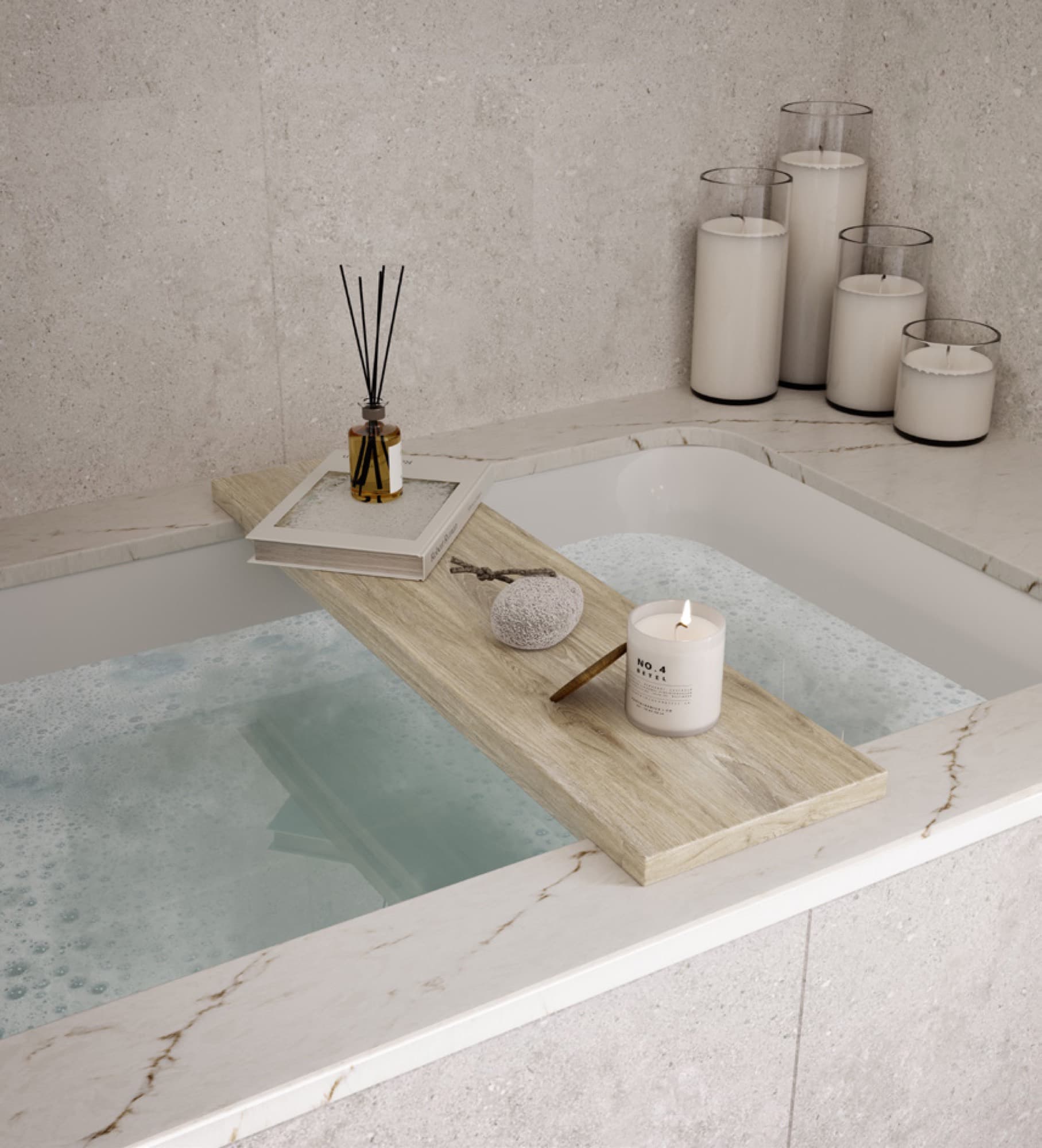 Bathtub styled with candles and a wooden caddy in a Raya townhouse, Arabian Ranches 3, Dubai.