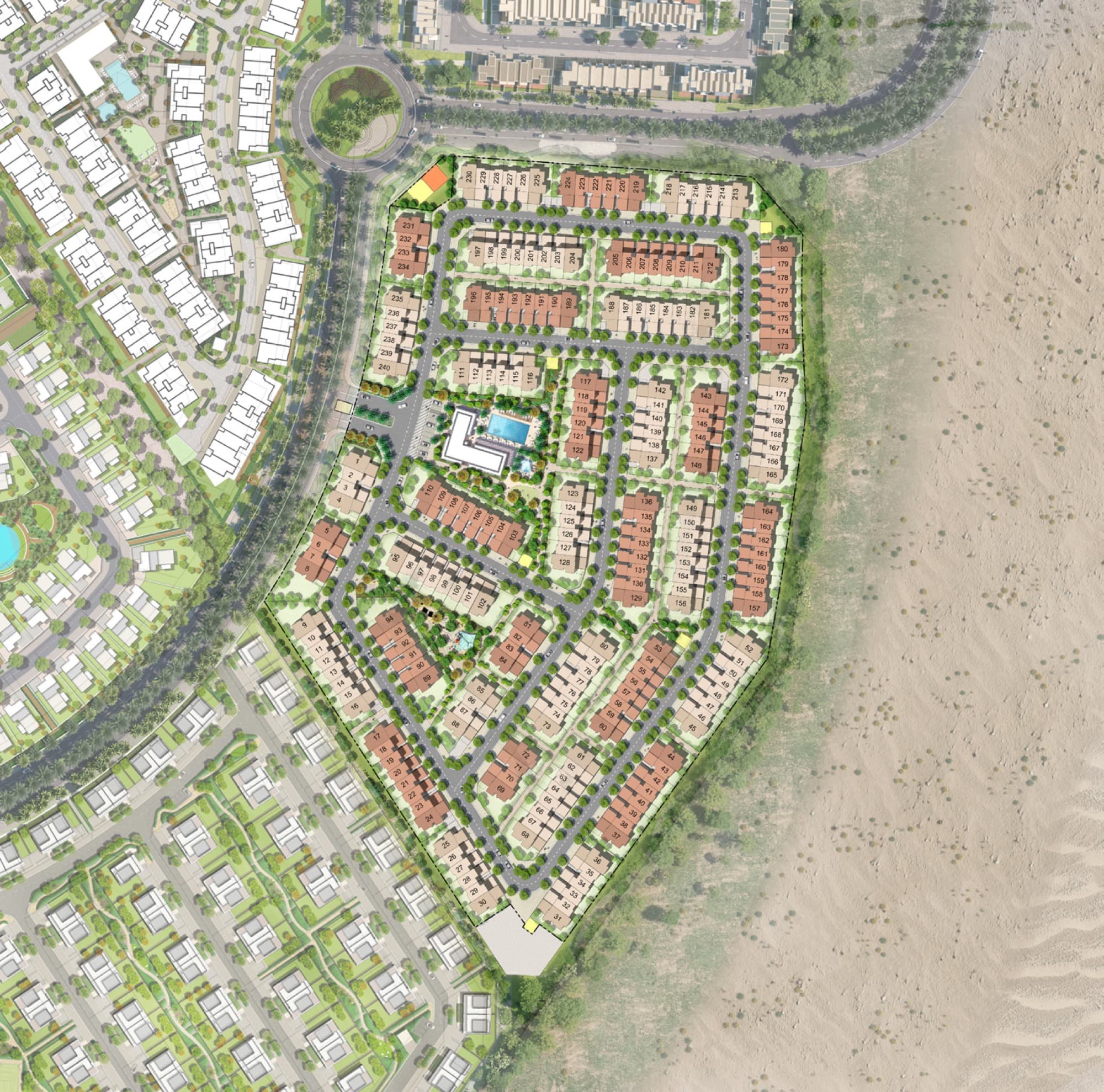 Aerial masterplan of the Raya townhouse cluster in Arabian Ranches 3, Dubai, showing the gated plot layout and community pool.