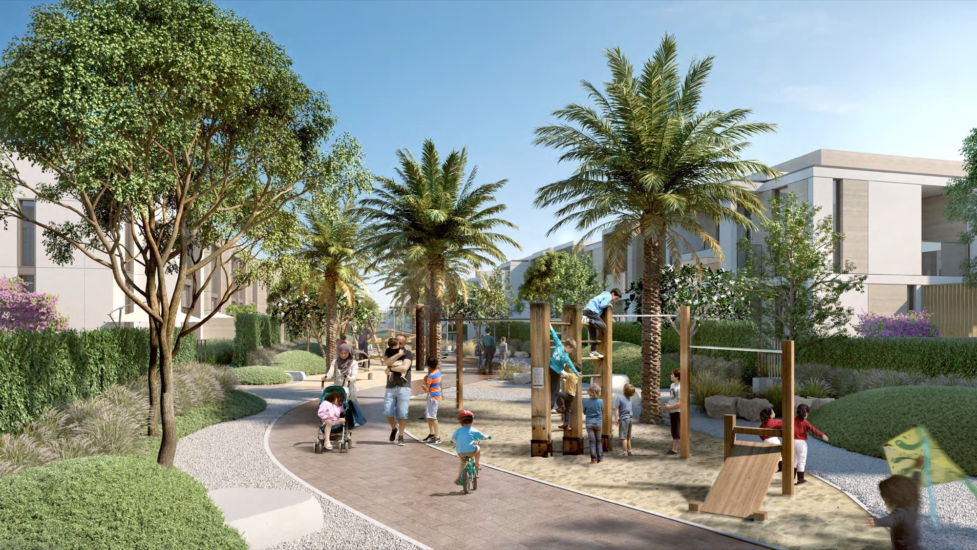 Families walking and cycling past a children's outdoor gym and palm-lined path at Ruba, Arabian Ranches 3, Dubai.