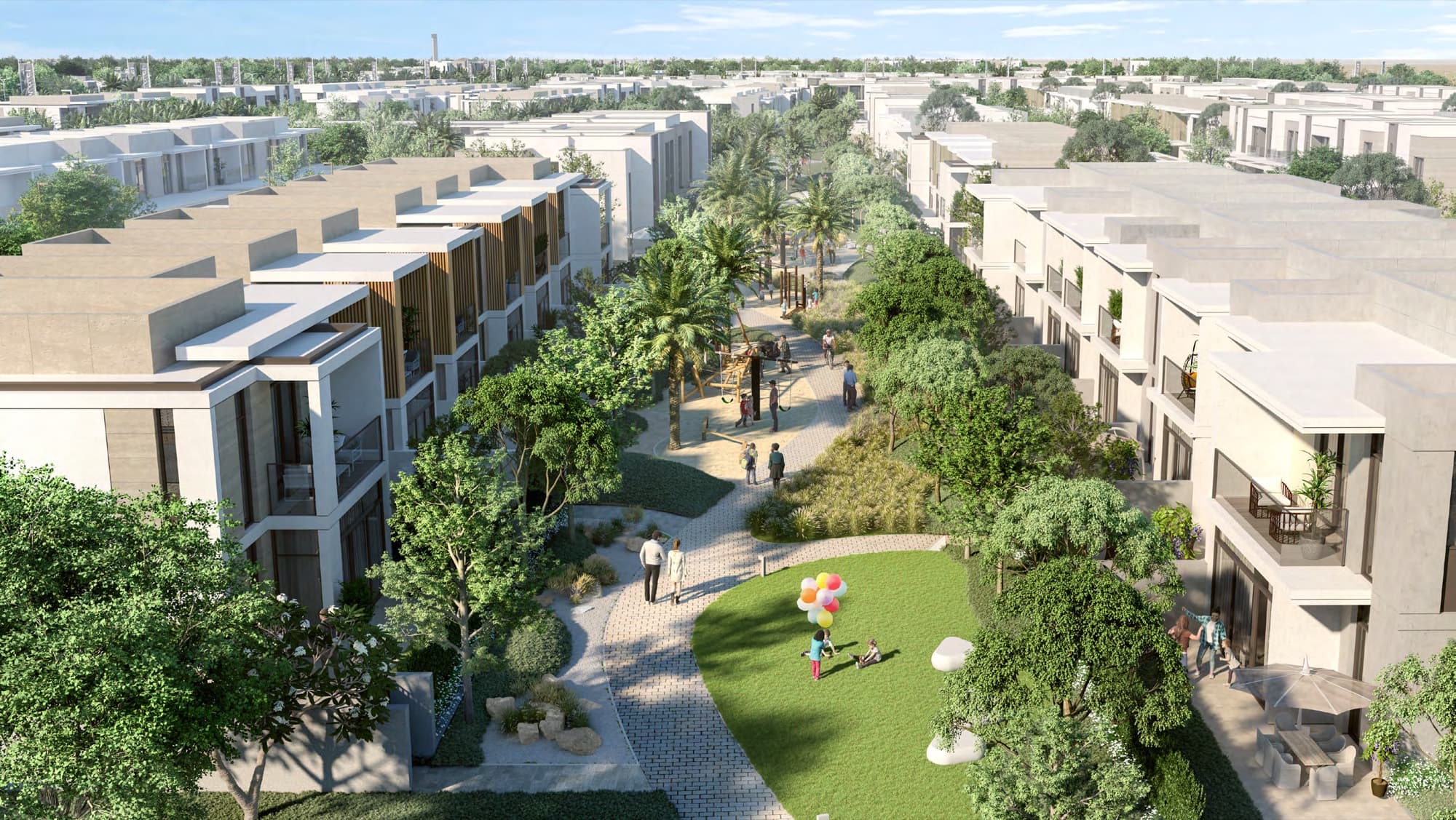 Aerial view of Ruba's townhouse rows with a central park, playground and pathway, Arabian Ranches 3, Dubai.