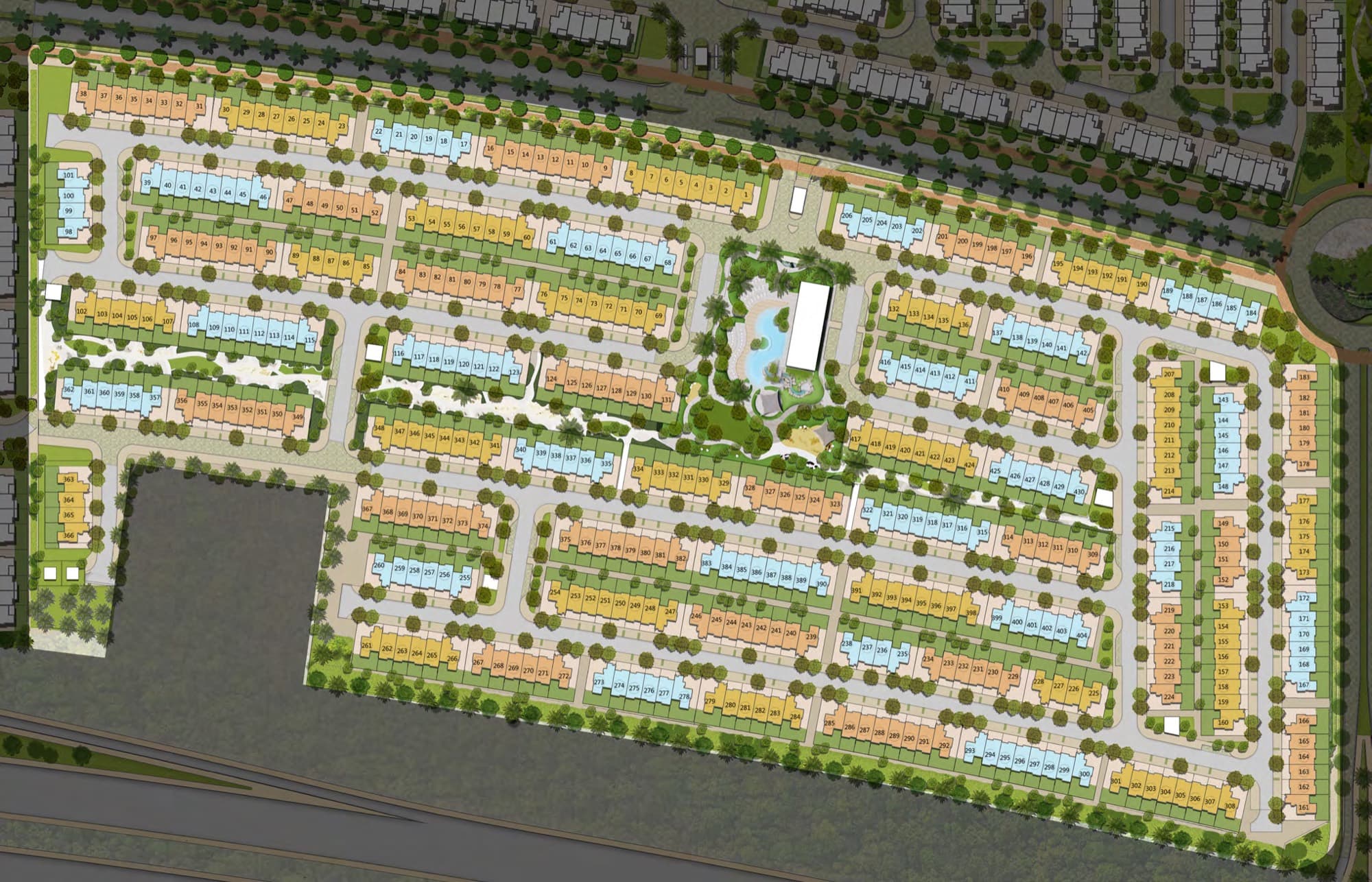 Aerial masterplan showing numbered townhouse plots and street grid at Ruba, Arabian Ranches 3, Dubai.