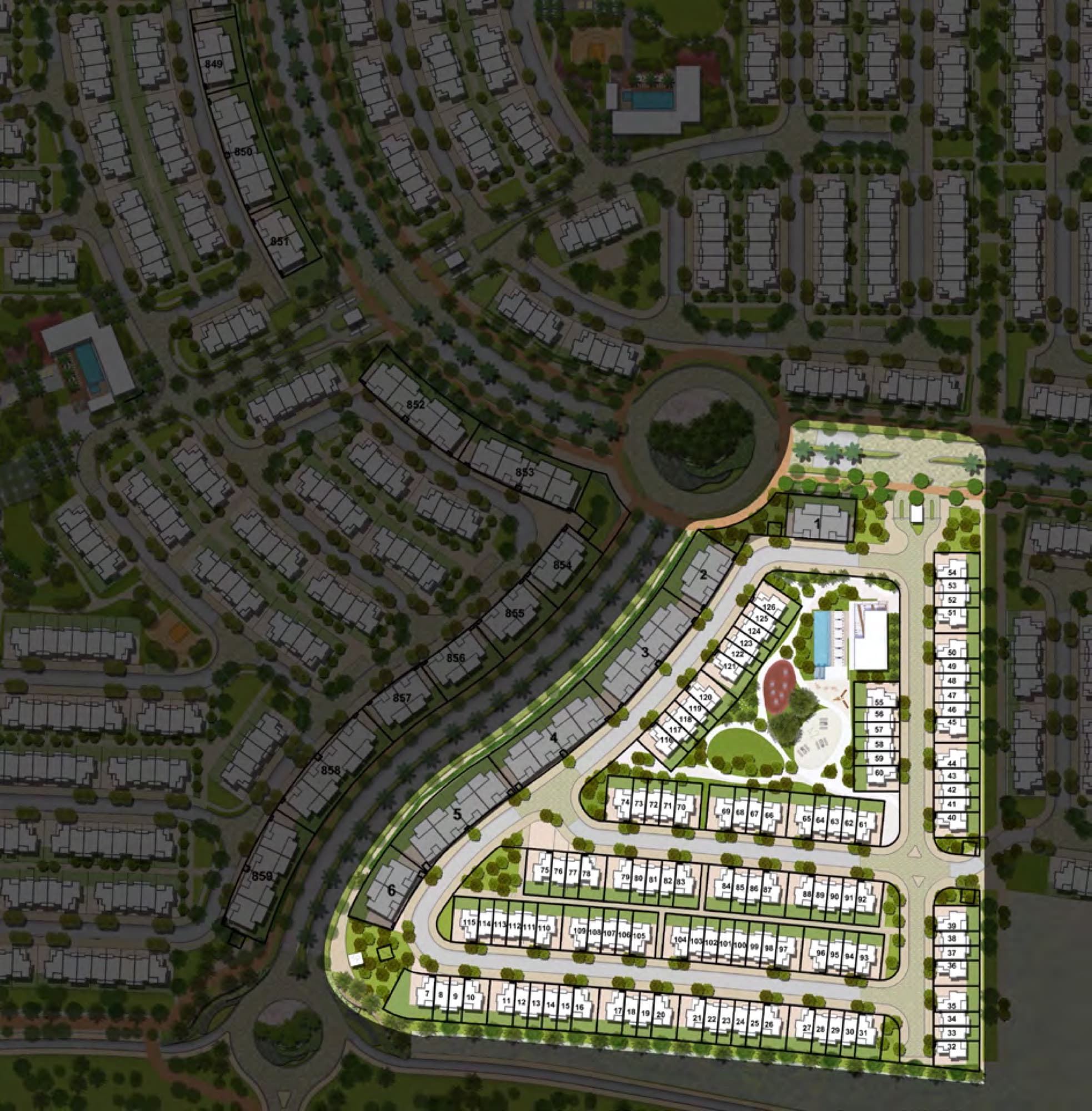 Aerial site plan showing the curved street layout and townhouse plots of Spring, Arabian Ranches 3, Dubai.
