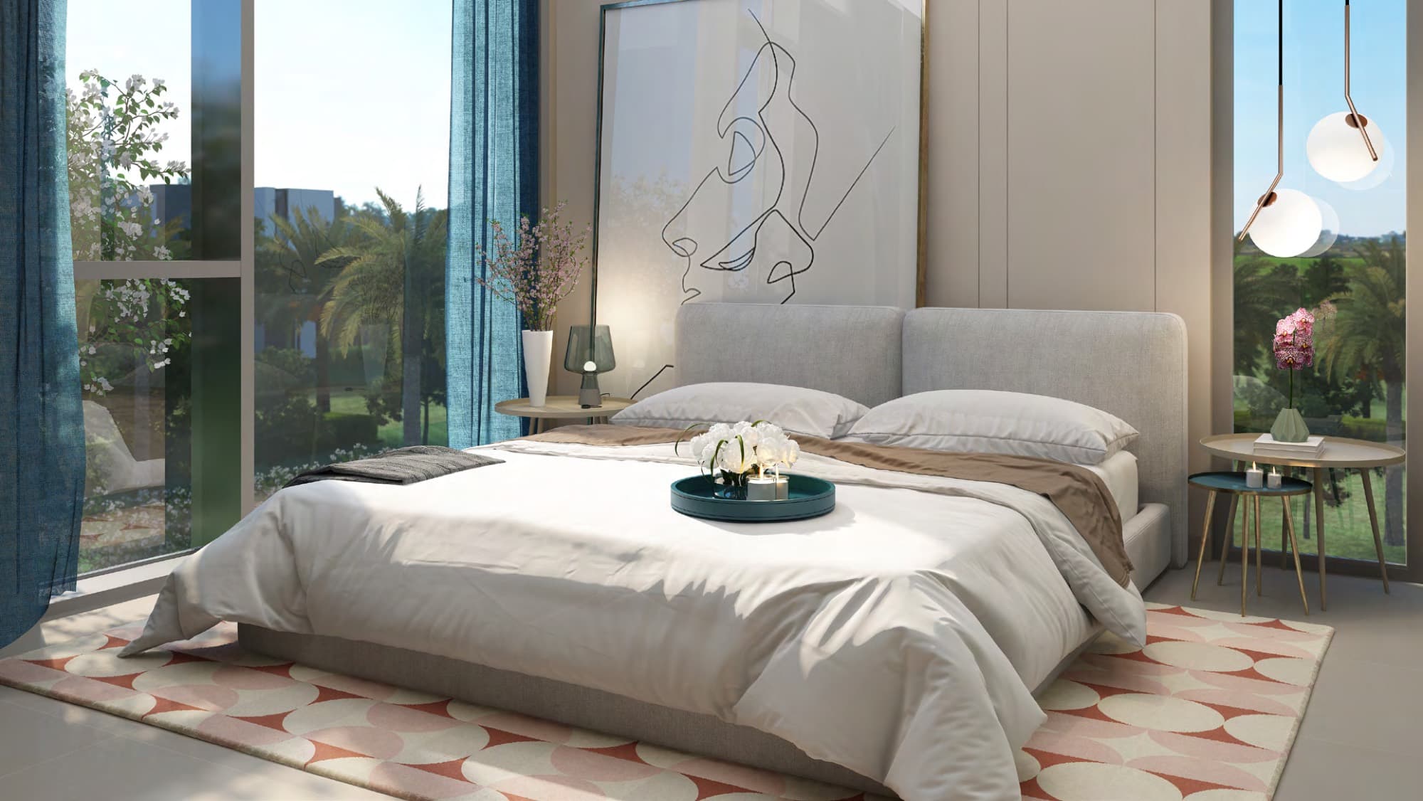 Bedroom with garden views and pendant lighting in a Spring townhouse, Arabian Ranches 3, Dubai.