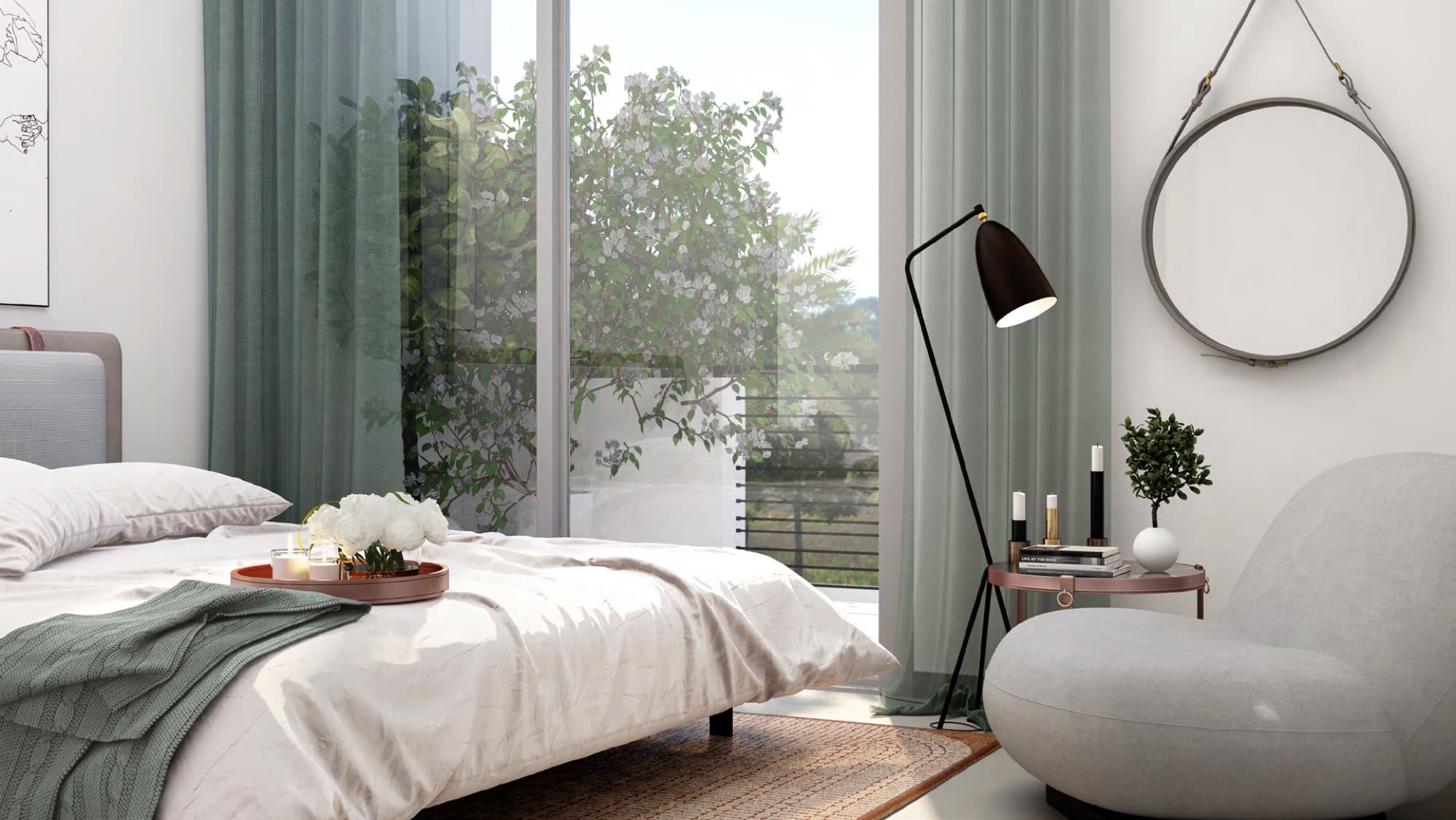 Bedroom interior with balcony doors opening onto flowering bougainvillea at a Sun townhouse, Arabian Ranches 3, Dubai.