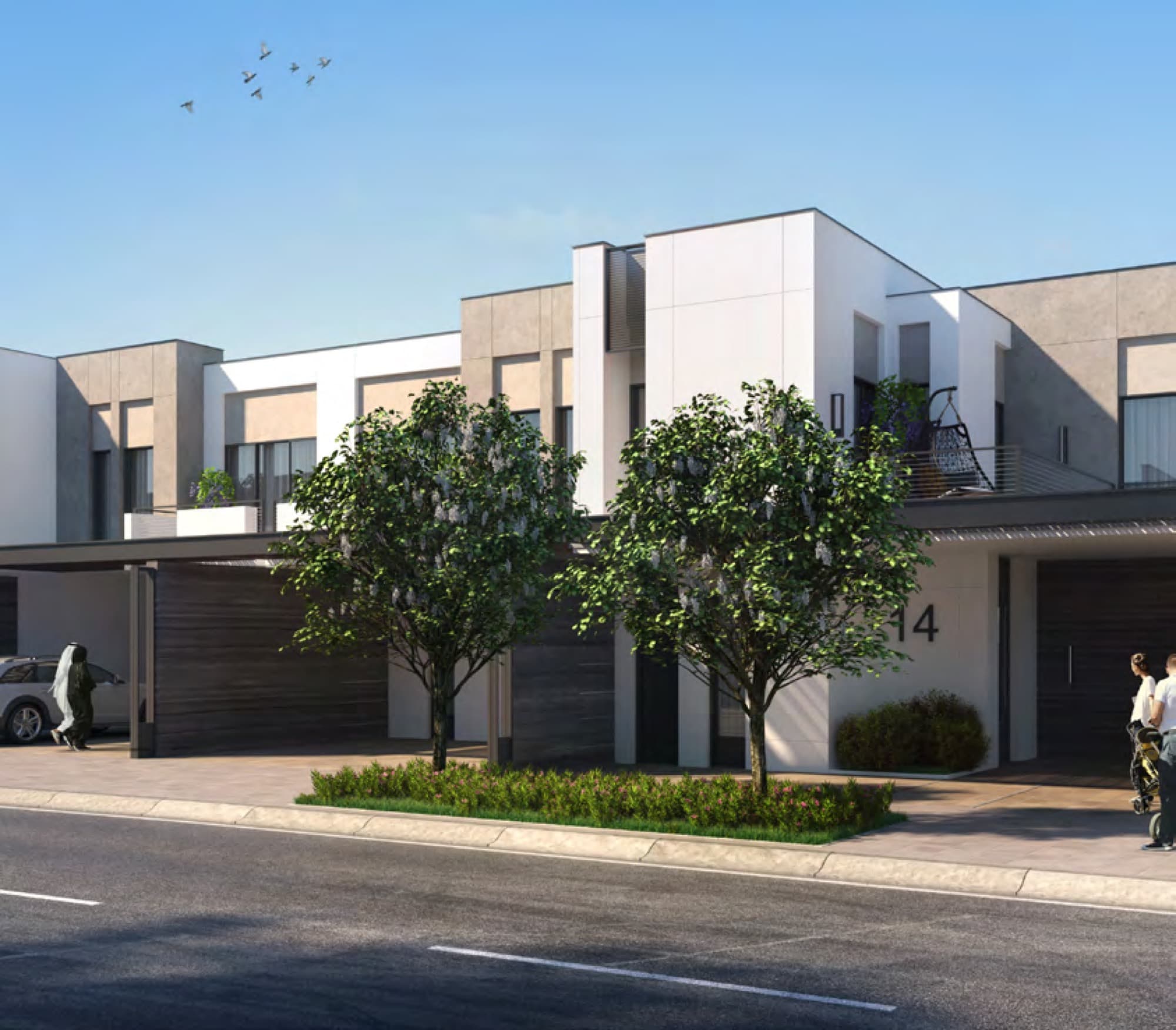 Two-storey Sun townhouse with timber-lined balcony and street-front carport, Arabian Ranches 3, Dubai.