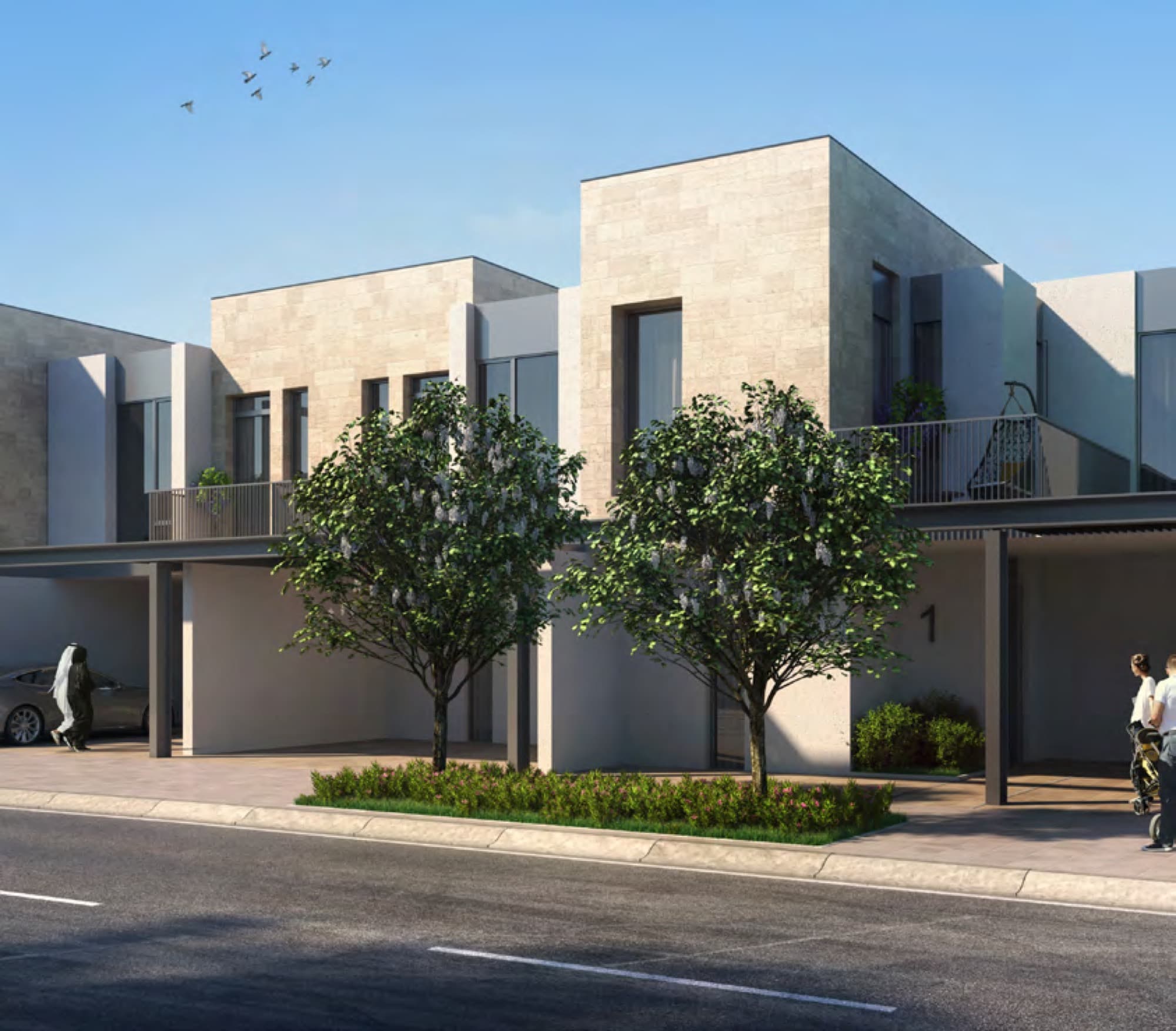 Row of Sun townhouses with balconies and parked cars along the street, Arabian Ranches 3, Dubai.